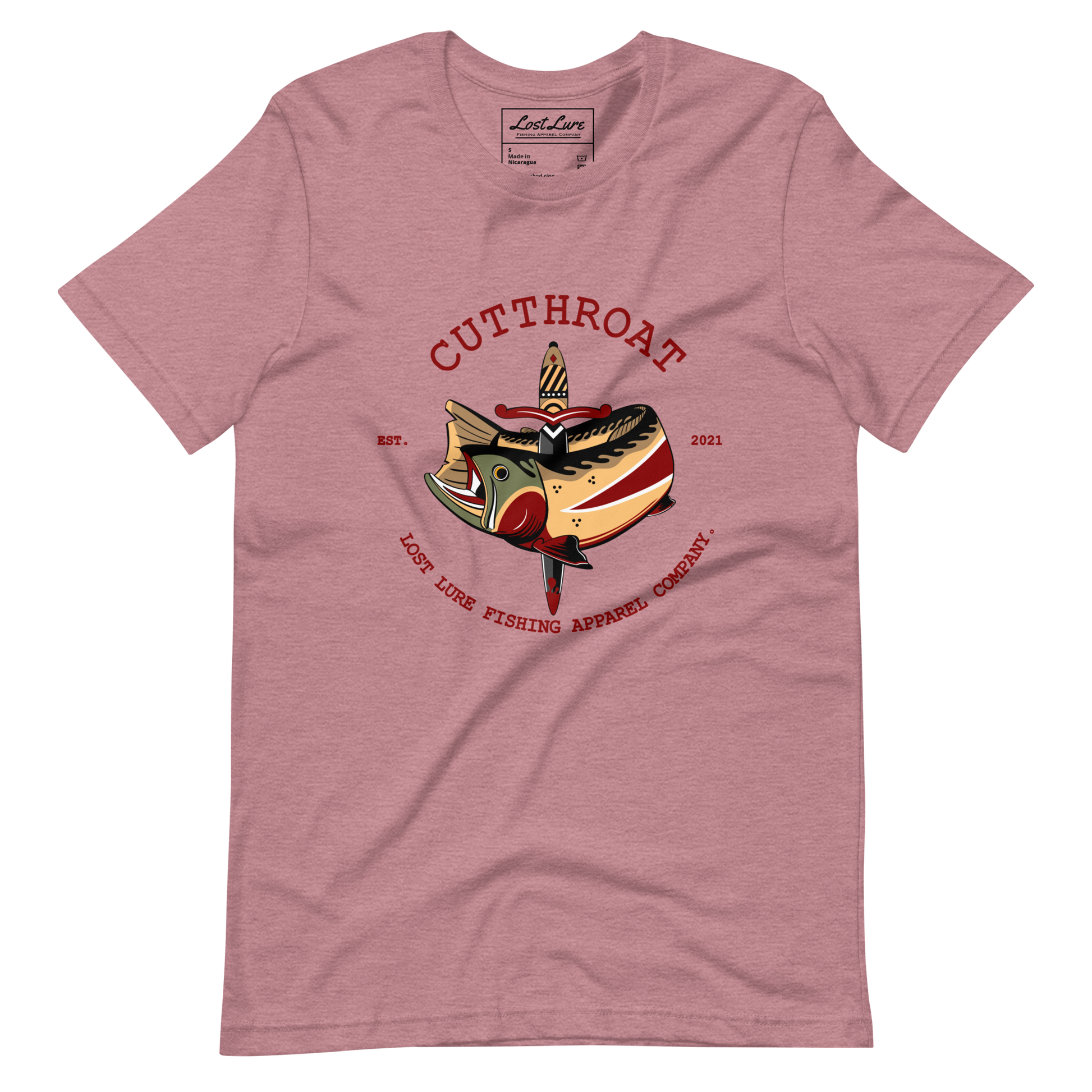Cutthroat Trout fishing shirt. It’s an American traditional style design with a cutthroat trout and a dagger. The shirt reads Cutthroat trout, est. 2021, lost lure fishing apparel company. The fishing design is on the front of the shirt. Salmon colored fishing shirt