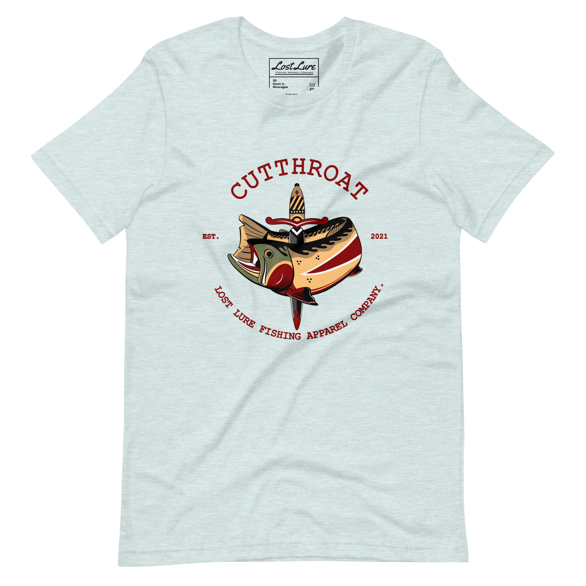 Cutthroat Trout fishing shirt. It’s an American traditional style design with a cutthroat trout and a dagger. The shirt reads Cutthroat trout, est. 2021, lost lure fishing apparel company. The fishing design is on the front of the shirt. Light blue fishing shirt