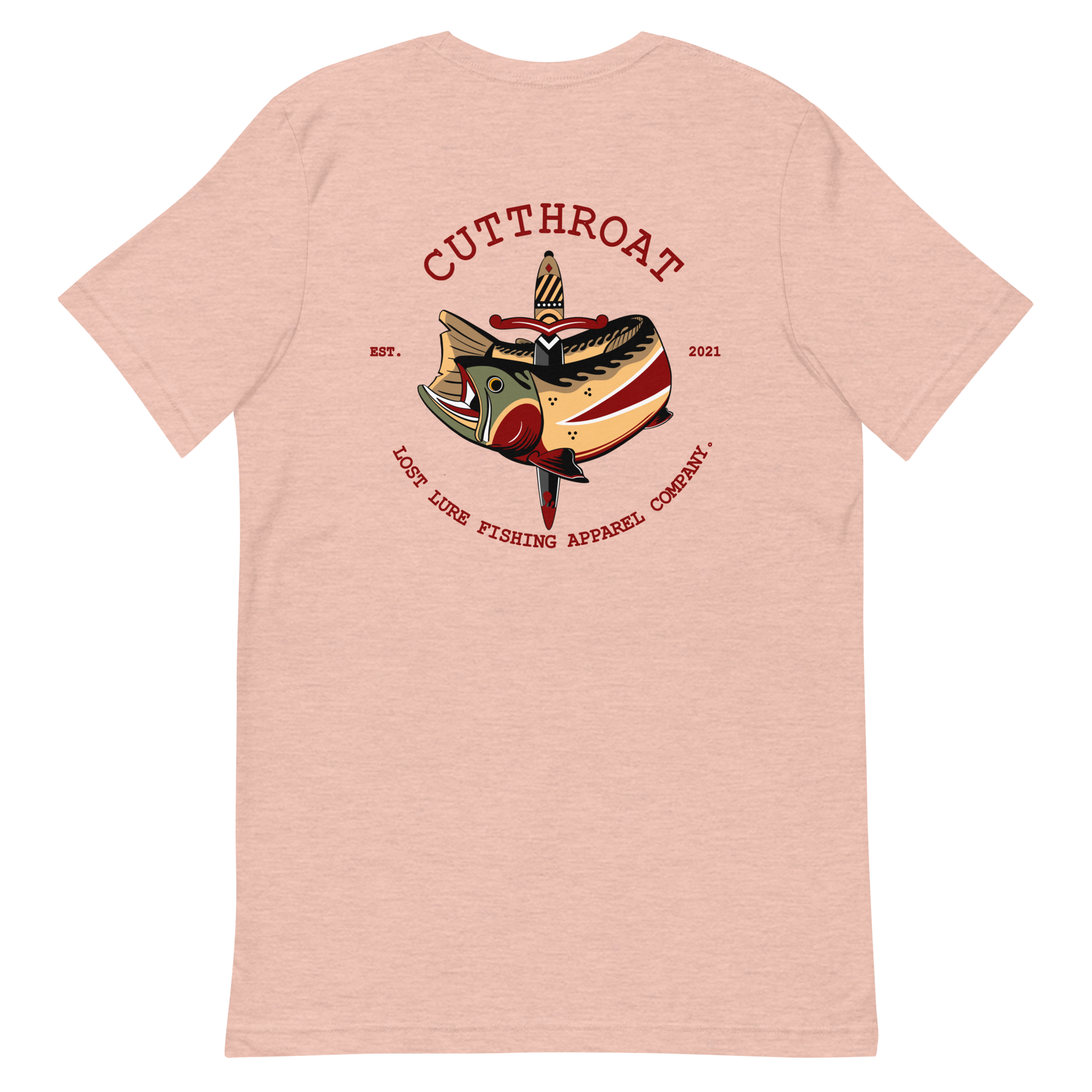 Cutthroat Trout fishing shirt. It’s an American traditional style design with a cutthroat trout and a dagger. The shirt reads Cutthroat trout, est. 2021, lost lure fishing apparel company. The front of the shirt has the lost lure logo. Salmon colored fishing shirt, back side