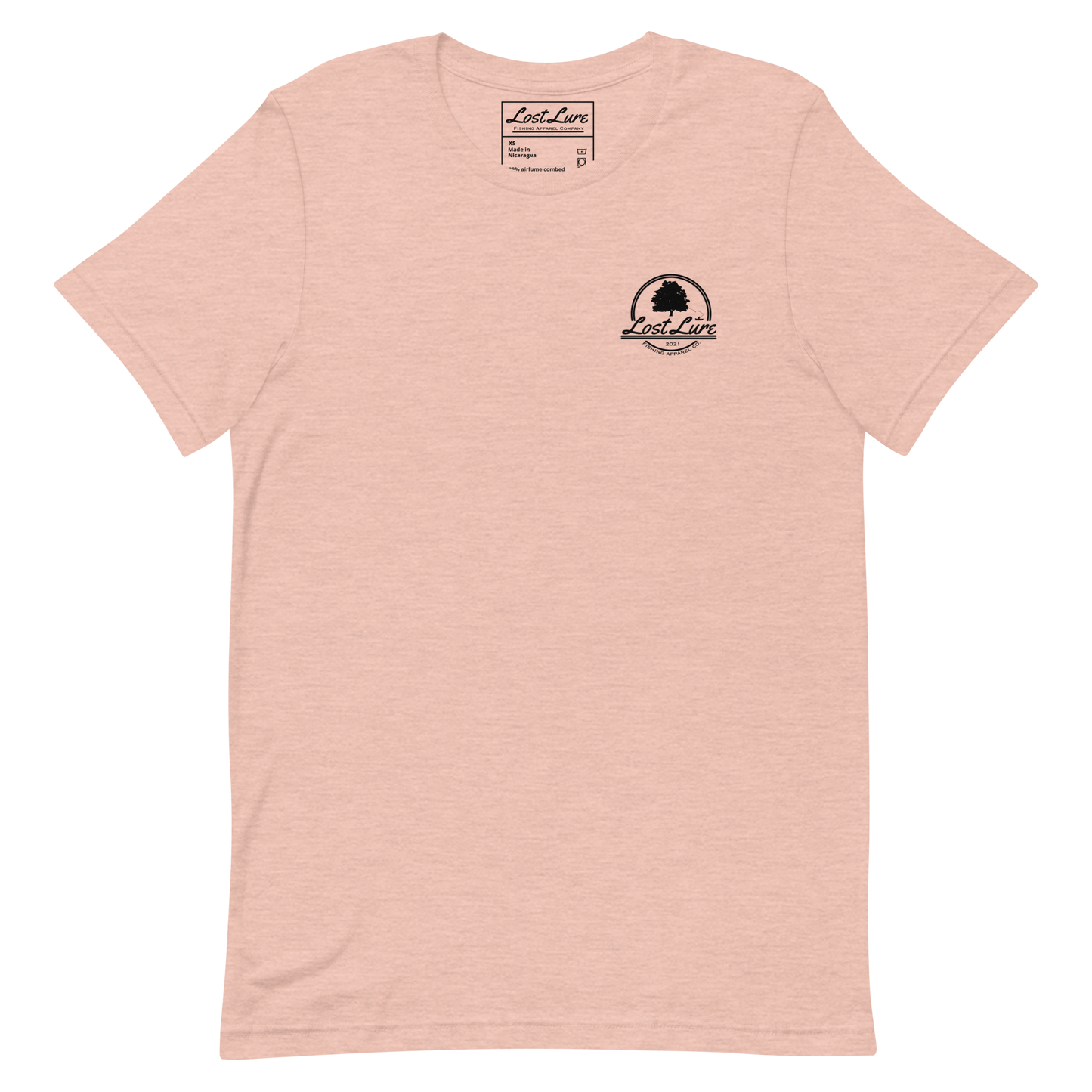 Cutthroat Trout fishing shirt. It’s an American traditional style design with a cutthroat trout and a dagger. The shirt reads Cutthroat trout, est. 2021, lost lure fishing apparel company. The front of the shirt has the lost lure logo. Salmon colored fishing shirt, front side