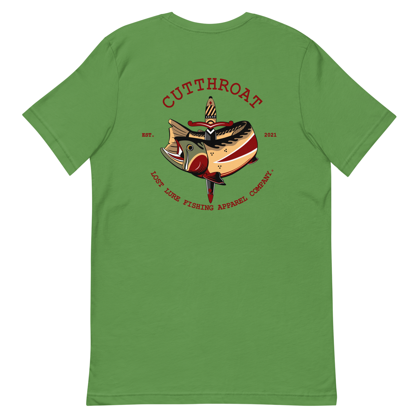 Cutthroat Trout fishing shirt. It’s an American traditional style design with a cutthroat trout and a dagger. The shirt reads Cutthroat trout, est. 2021, lost lure fishing apparel company. The front of the shirt has the lost lure logo. Green fishing shirt, back side