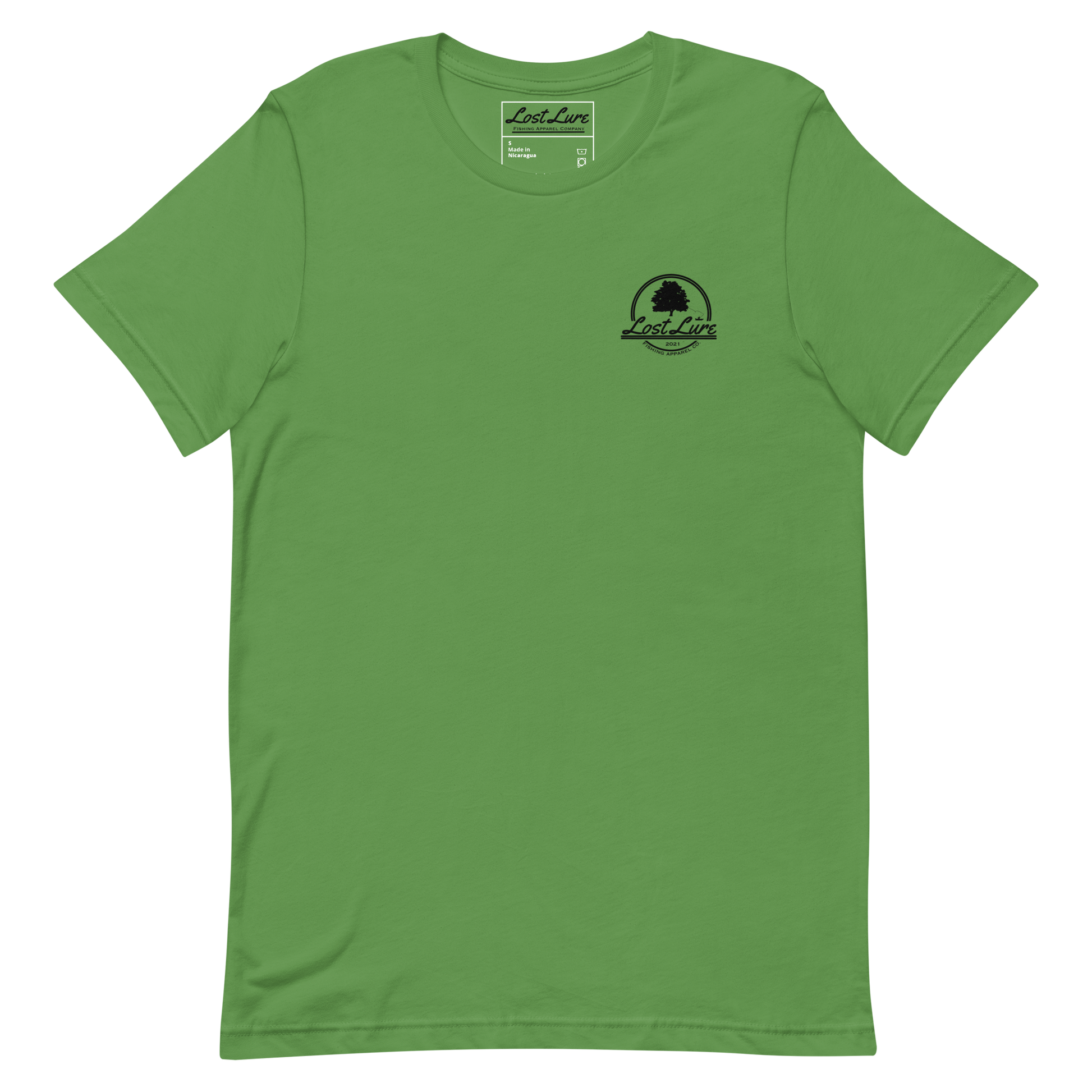 Cutthroat Trout fishing shirt. It’s an American traditional style design with a cutthroat trout and a dagger. The shirt reads Cutthroat trout, est. 2021, lost lure fishing apparel company. The front of the shirt has the lost lure logo. Green fishing shirt, front side