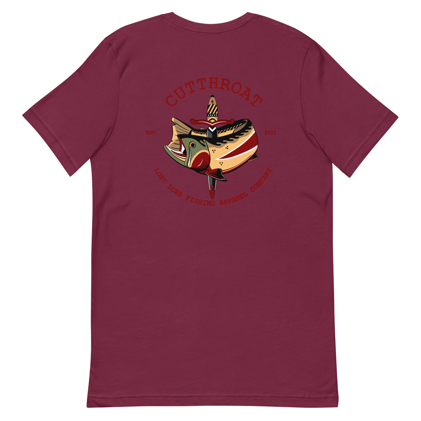 Cutthroat Trout fishing shirt. It’s an American traditional style design with a cutthroat trout and a dagger. The shirt reads Cutthroat trout, est. 2021, lost lure fishing apparel company. The front of the shirt has the lost lure logo. Maroon fishing shirt, back