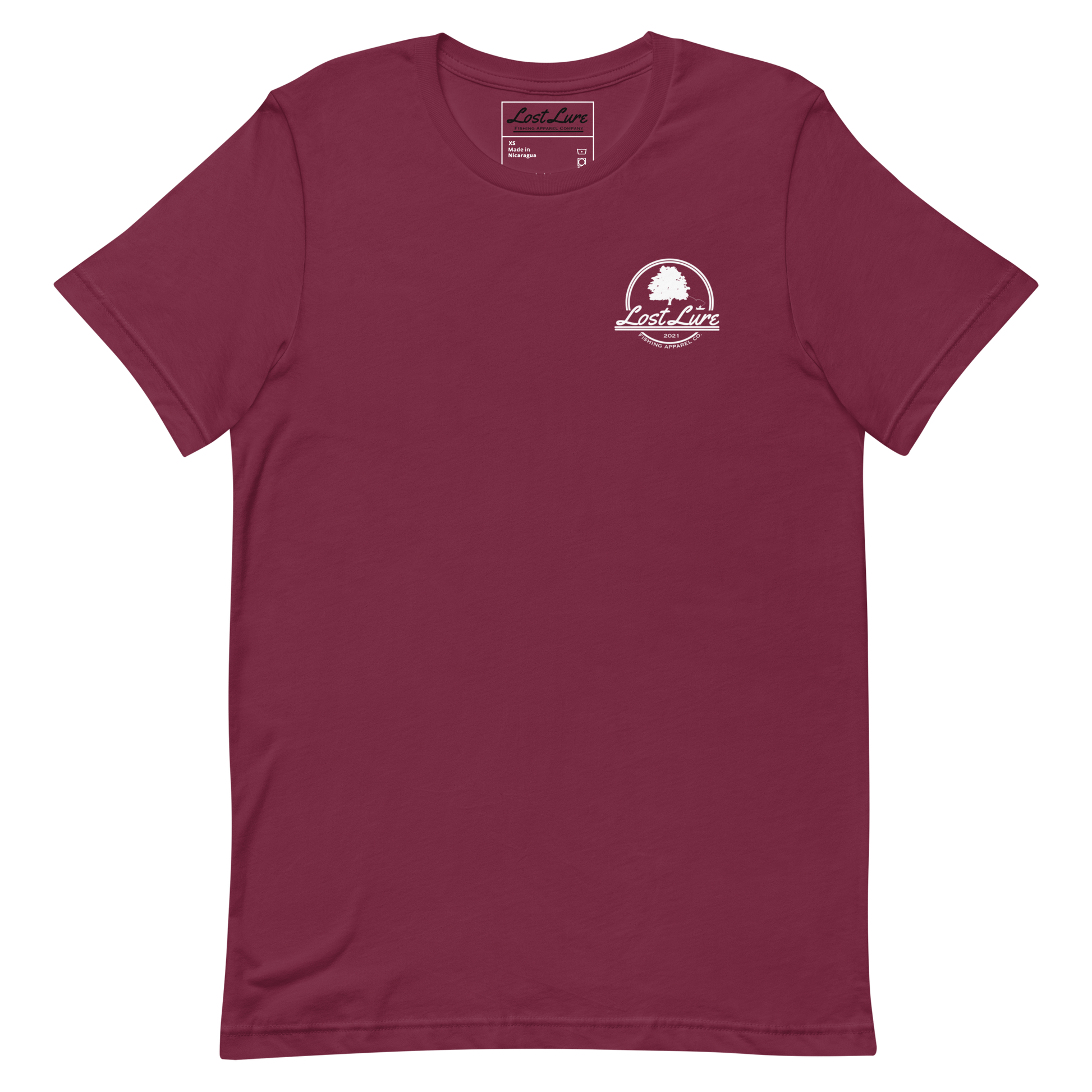 Cutthroat Trout fishing shirt. It’s an American traditional style design with a cutthroat trout and a dagger. The shirt reads Cutthroat trout, est. 2021, lost lure fishing apparel company. The front of the shirt has the lost lure logo. Maroon fishing shirt, front side
