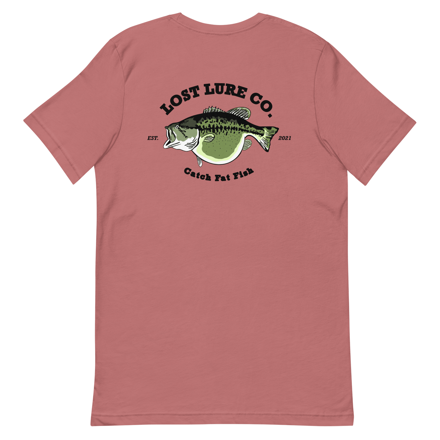 Bass fishing shirt. It has a drawing of a fat bass and it reads “lost lure co, catch fat fish”. The bass design is on the back, the lost lure logo is on the front. Mauve shirt, back side 