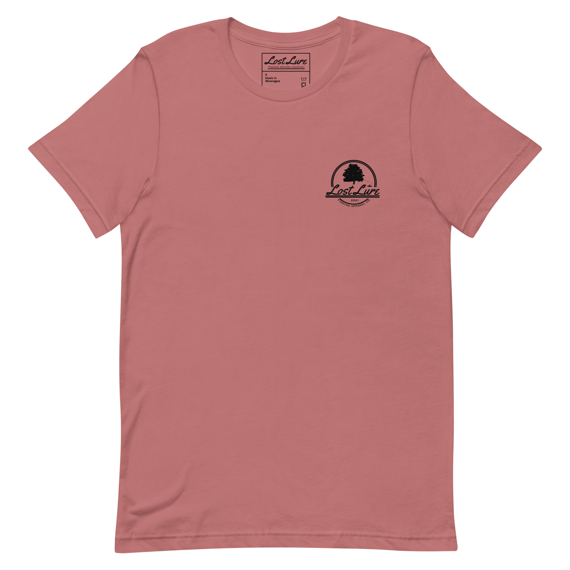 Bass fishing shirt. It has a drawing of a fat bass and it reads “lost lure co, catch fat fish”. The bass design is on the back, the lost lure logo is on the front.  Mauve shirt, front side 