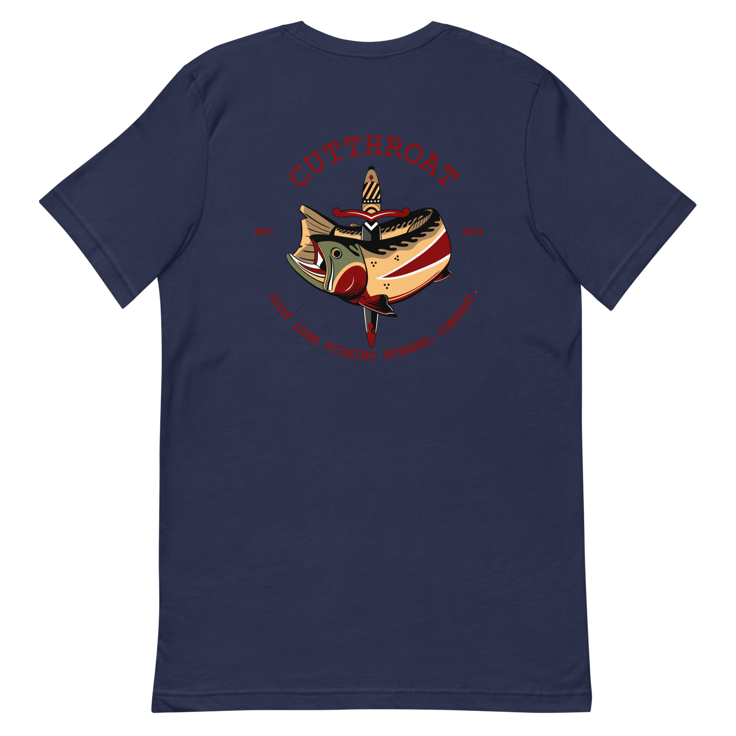 Cutthroat Trout fishing shirt. It’s an American traditional style design with a cutthroat trout and a dagger. The shirt reads Cutthroat trout, est. 2021, lost lure fishing apparel company. The front of the shirt has the lost lure logo. Dark blue fishing shirt, back side