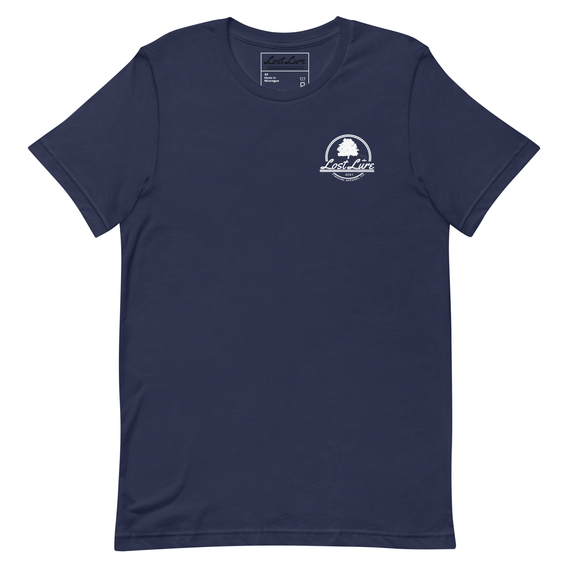 Cutthroat Trout fishing shirt. It’s an American traditional style design with a cutthroat trout and a dagger. The shirt reads Cutthroat trout, est. 2021, lost lure fishing apparel company. The front of the shirt has the lost lure logo. Dark blue fishing shirt, front side