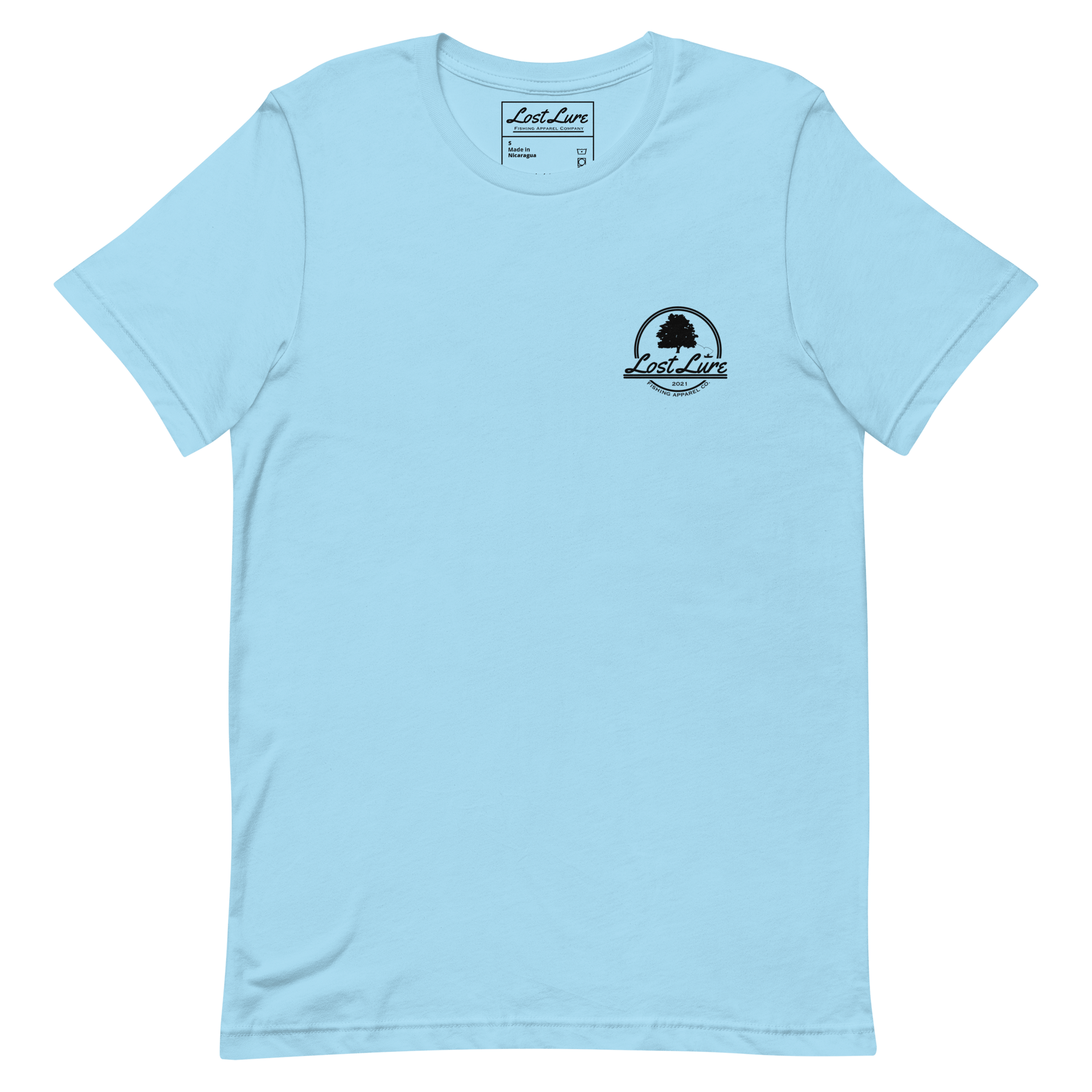 Bass fishing shirt. It has a drawing of a fat bass and it reads “lost lure co, catch fat fish”. The bass design is on the back, the lost lure logo is on the front. Baby blue shirt, front side 