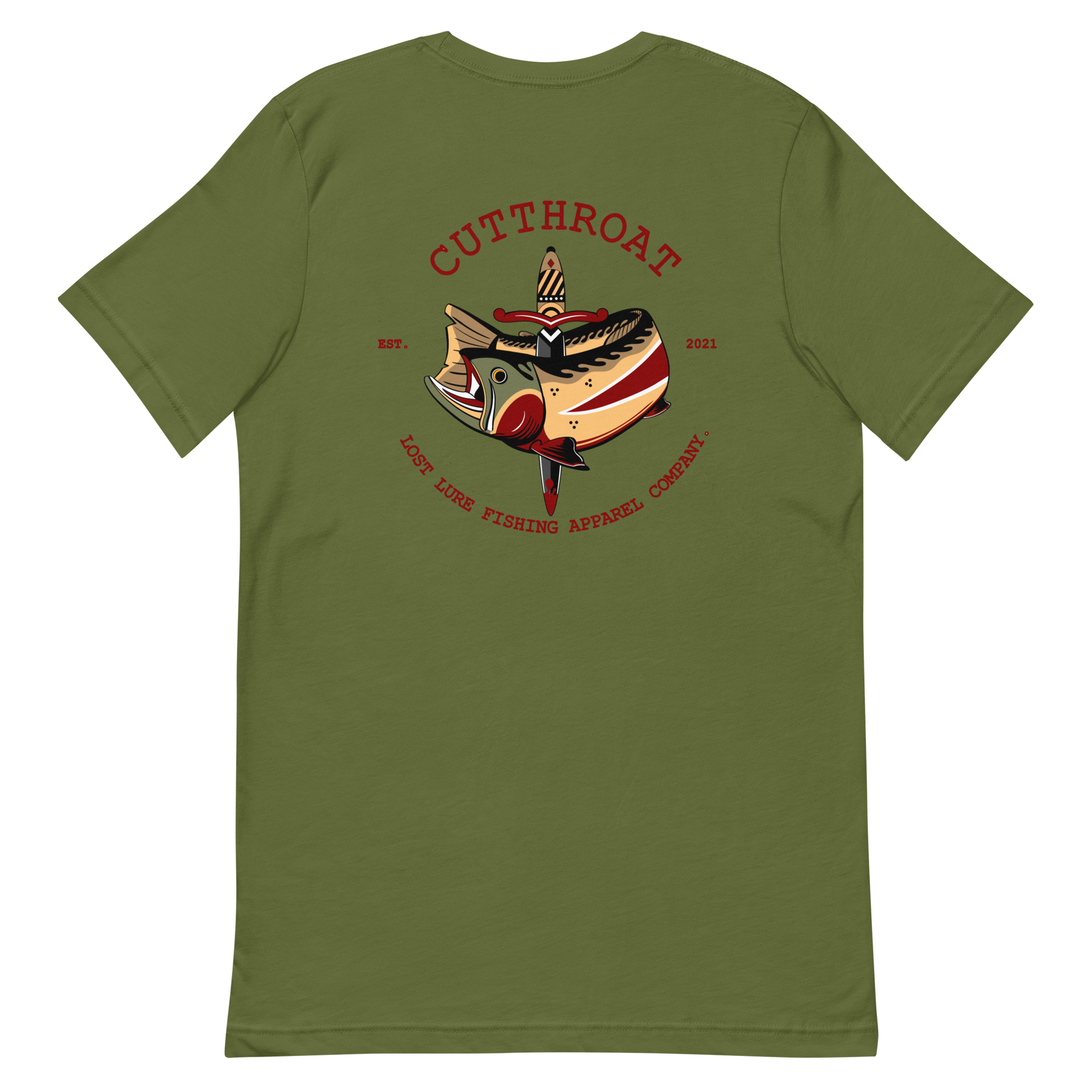 Cutthroat Trout fishing shirt. It’s an American traditional style design with a cutthroat trout and a dagger. The shirt reads Cutthroat trout, est. 2021, lost lure fishing apparel company. The front of the shirt has the lost lure logo. Green, back side