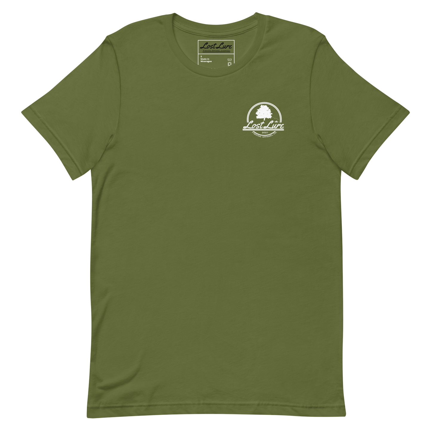 Cutthroat Trout fishing shirt. It’s an American traditional style design with a cutthroat trout and a dagger. The shirt reads Cutthroat trout, est. 2021, lost lure fishing apparel company. The front of the shirt has the lost lure logo. green, front side