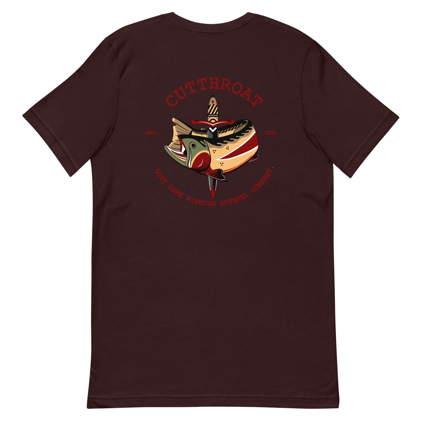 Cutthroat Trout fishing shirt. It’s an American traditional style design with a cutthroat trout and a dagger. The shirt reads Cutthroat trout, est. 2021, lost lure fishing apparel company. The front of the shirt has the lost lure logo. Dark maroon fishing shirt, back side