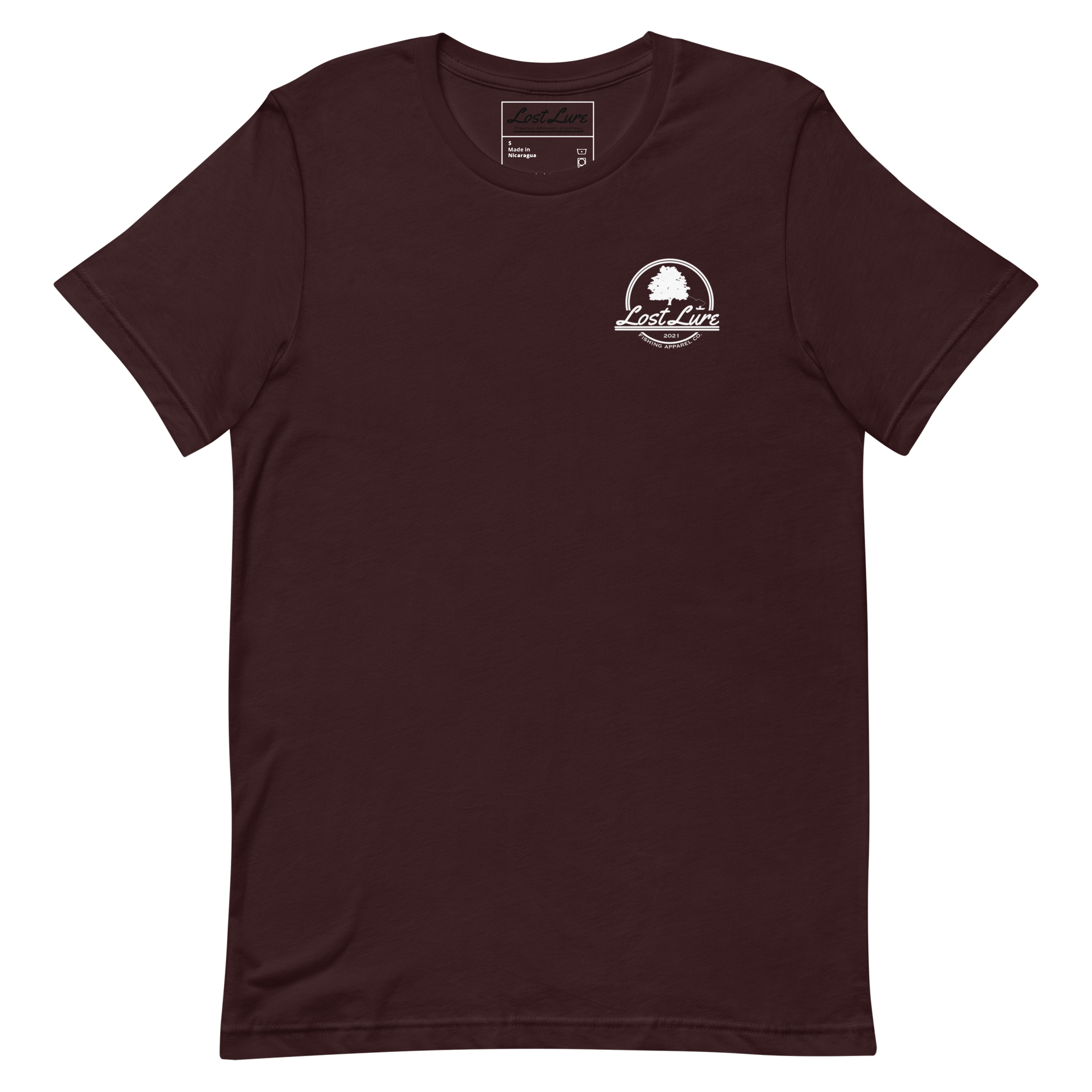 Cutthroat Trout fishing shirt. It’s an American traditional style design with a cutthroat trout and a dagger. The shirt reads Cutthroat trout, est. 2021, lost lure fishing apparel company. The front of the shirt has the lost lure logo. Dark maroon fishing shirt, front side