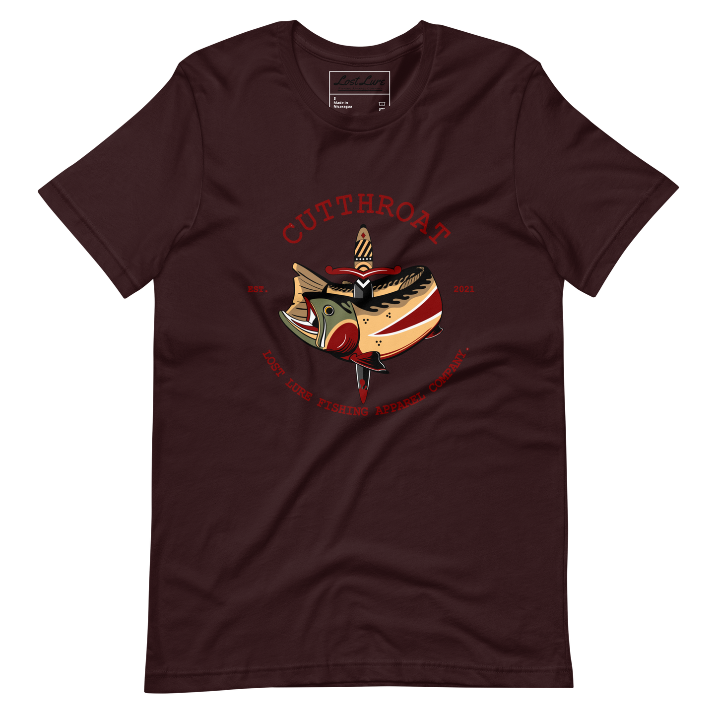 Cutthroat Trout fishing shirt. It’s an American traditional style design with a cutthroat trout and a dagger. The shirt reads Cutthroat trout, est. 2021, lost lure fishing apparel company. The fishing design is on the front of the shirt. Dark maroon fishing shirt, front side