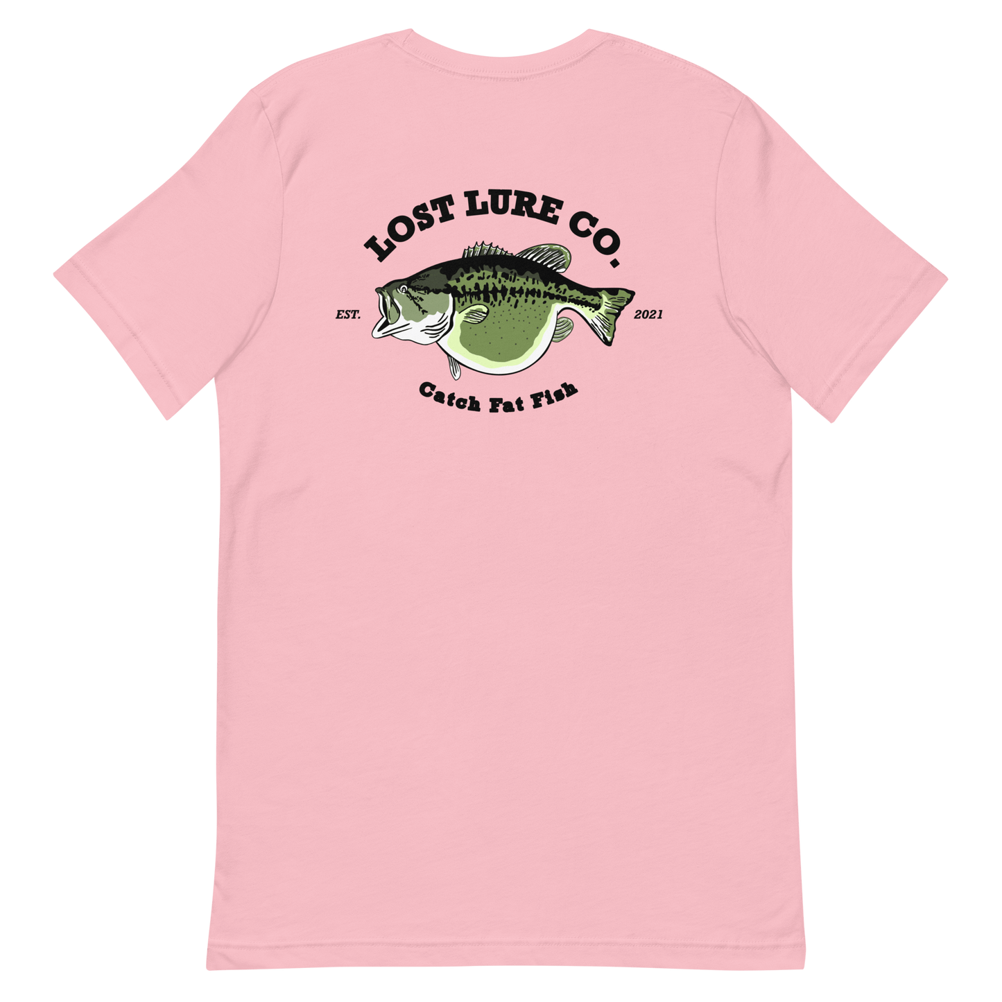 Bass fishing shirt. It has a drawing of a fat bass and it reads “lost lure co, catch fat fish”. The bass design is on the back, the lost lure logo is on the front. Pink woman’s shirt, back side