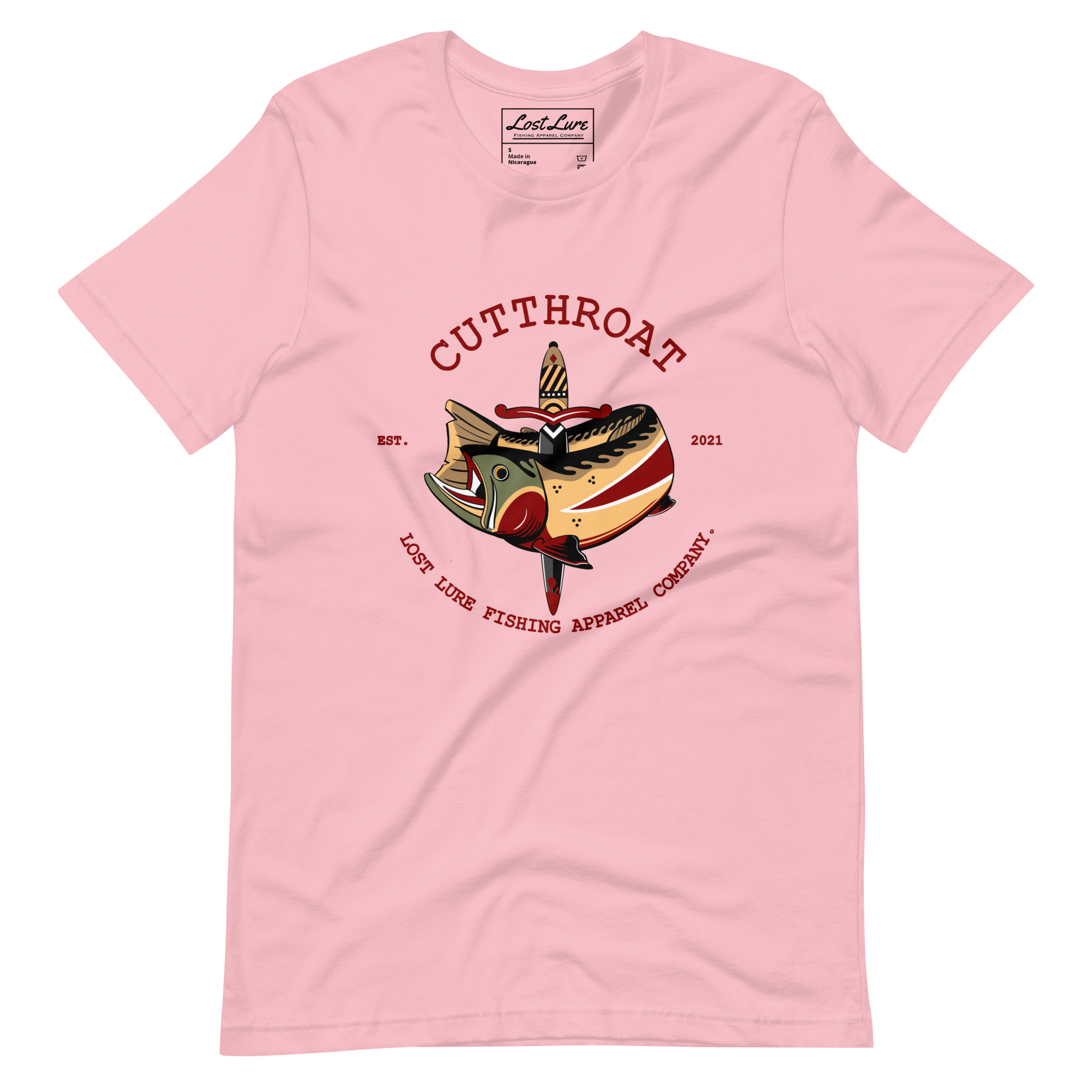 Cutthroat Trout fishing shirt. It’s an American traditional style design with a cutthroat trout and a dagger. The shirt reads Cutthroat trout, est. 2021, lost lure fishing apparel company. The fishing design is on the front of the shirt. Pink fishing shirt 