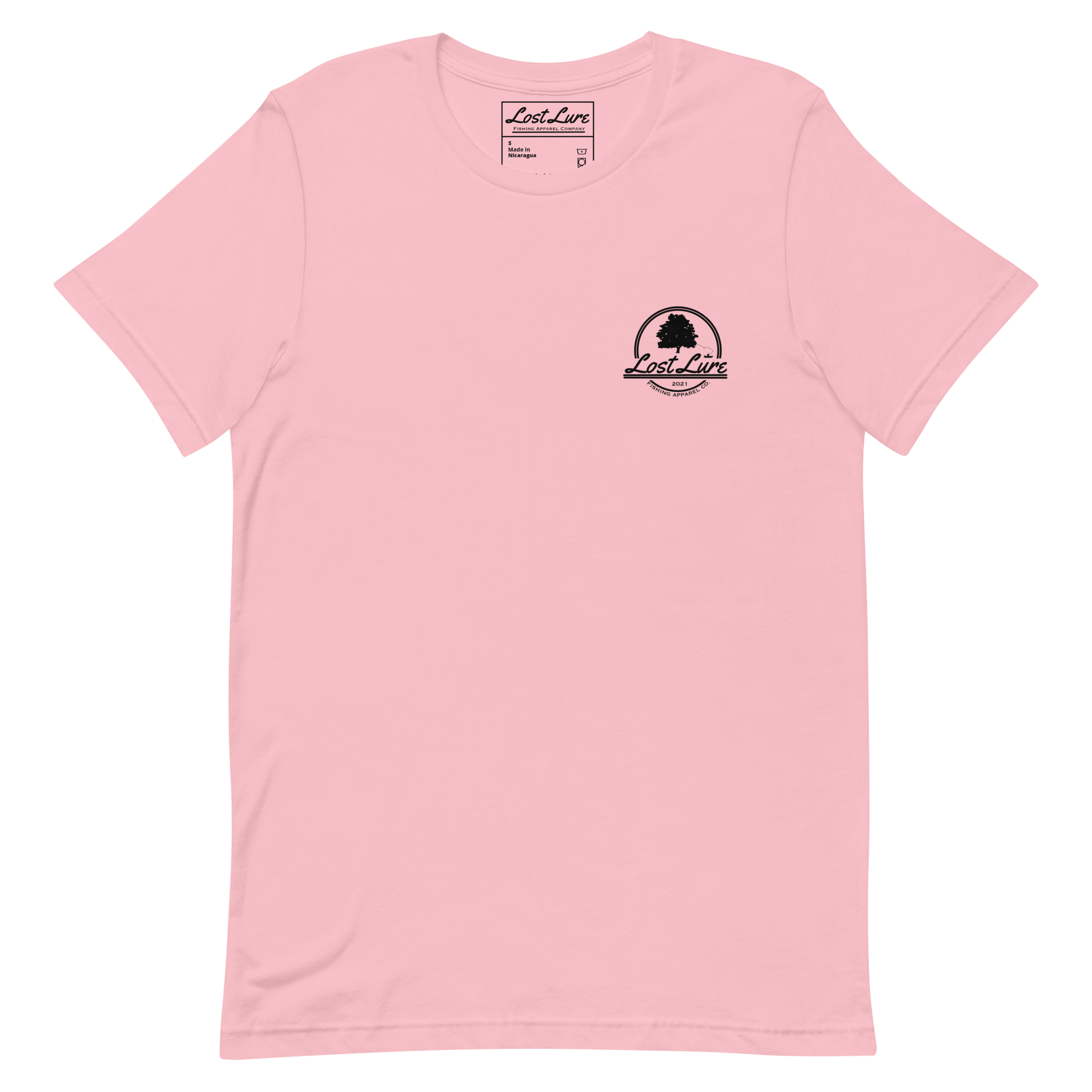 Bass fishing shirt. It has a drawing of a fat bass and it reads “lost lure co, catch fat fish”. The bass design is on the back, the lost lure logo is on the front. Pink woman’s shirt, front side