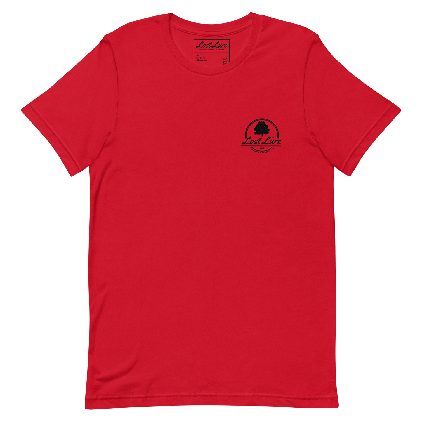 Bass fishing shirt. It has a drawing of a fat bass and it reads “lost lure co, catch fat fish”. The bass design is on the back, the lost lure logo is on the front. Red shirt, front side