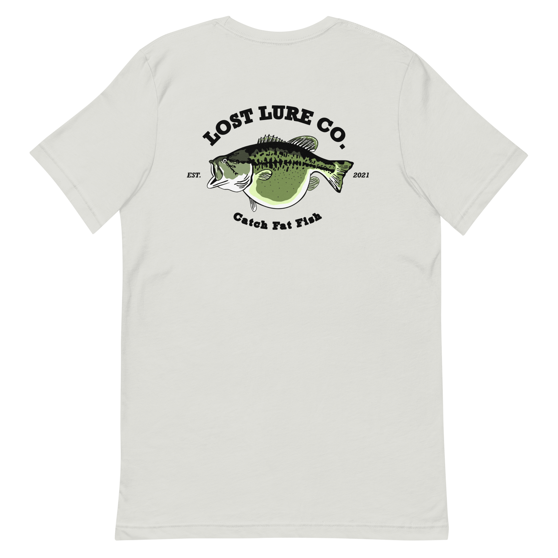 Bass fishing shirt. It has a drawing of a fat bass and it reads “lost lure co, catch fat fish”. The bass design is on the back, the lost lure logo is on the front. Silver colored shirt, back side 