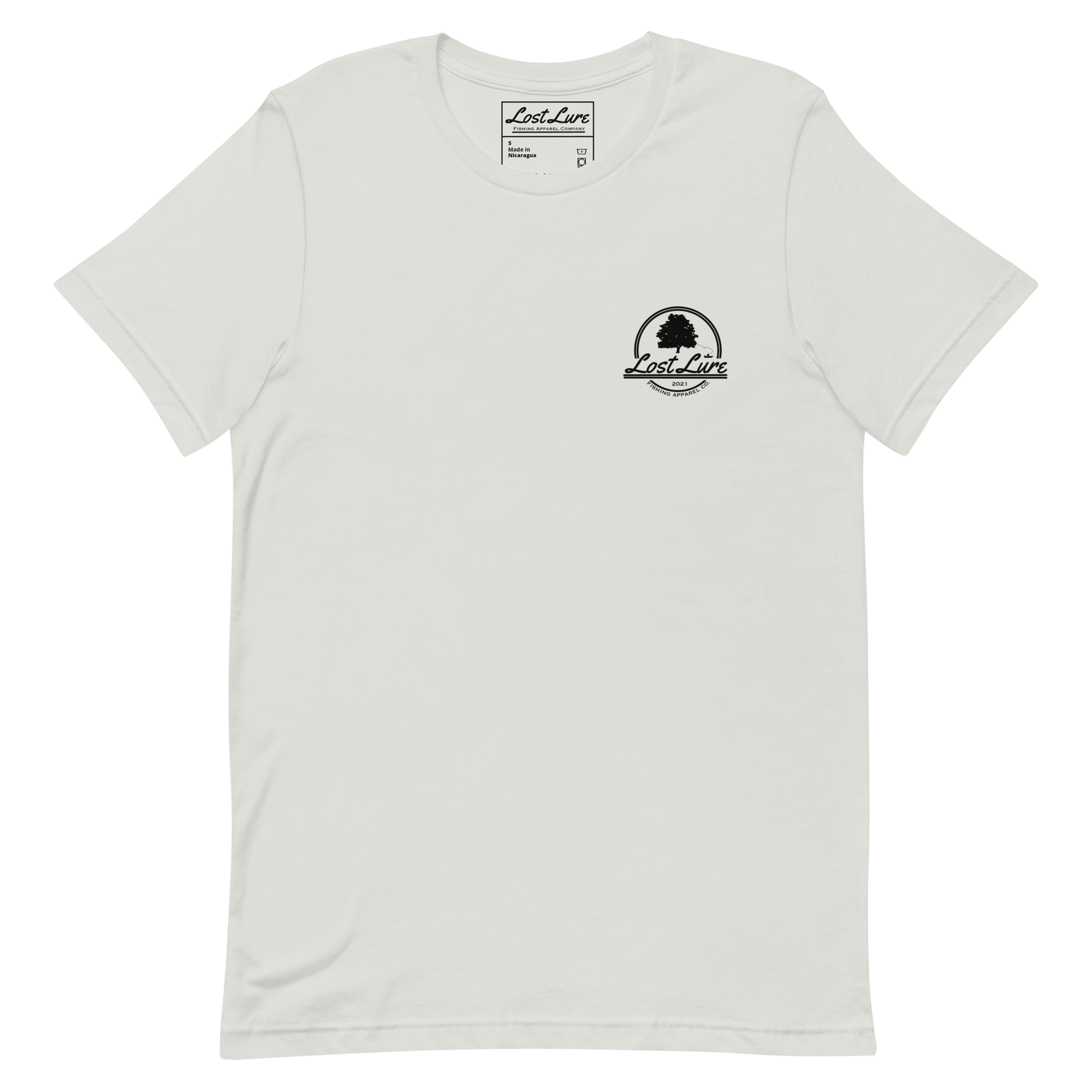 Bass fishing shirt. It has a drawing of a fat bass and it reads “lost lure co, catch fat fish”. The bass design is on the back, the lost lure logo is on the front. Silver colored  shirt, front side 