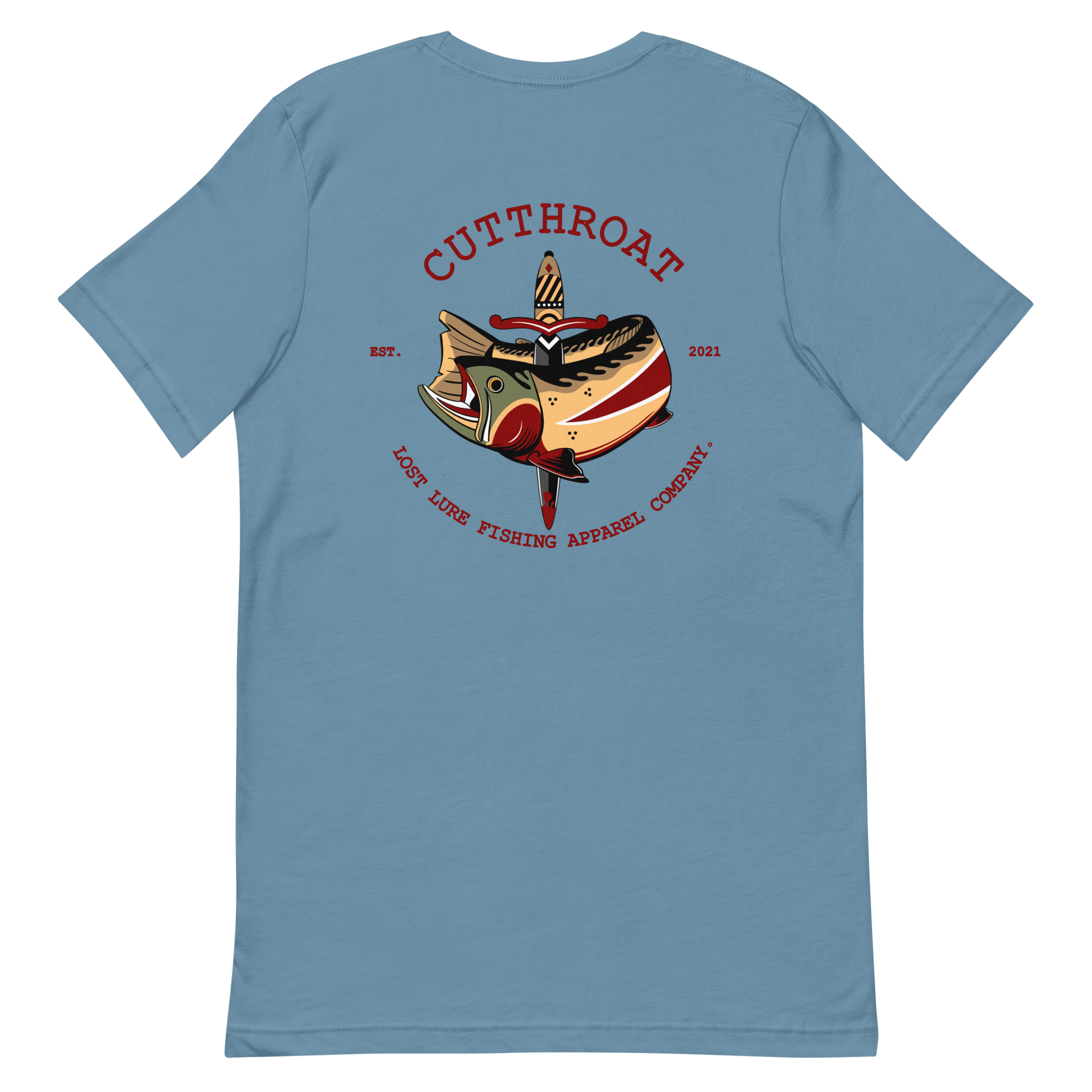 Cutthroat Trout fishing shirt. It’s an American traditional style design with a cutthroat trout and a dagger. The shirt reads Cutthroat trout, est. 2021, lost lure fishing apparel company. The front of the shirt has the lost lure logo. Blue fishing shirt, back side