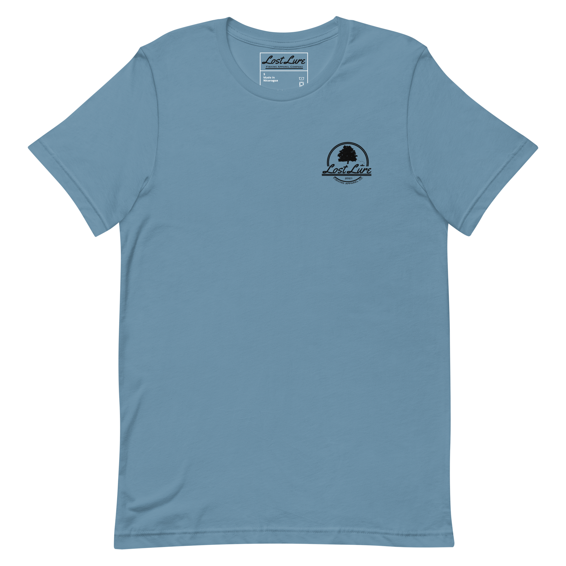 Cutthroat Trout fishing shirt. It’s an American traditional style design with a cutthroat trout and a dagger. The shirt reads Cutthroat trout, est. 2021, lost lure fishing apparel company. The front of the shirt has the lost lure logo. Blue fishing shirt, front side