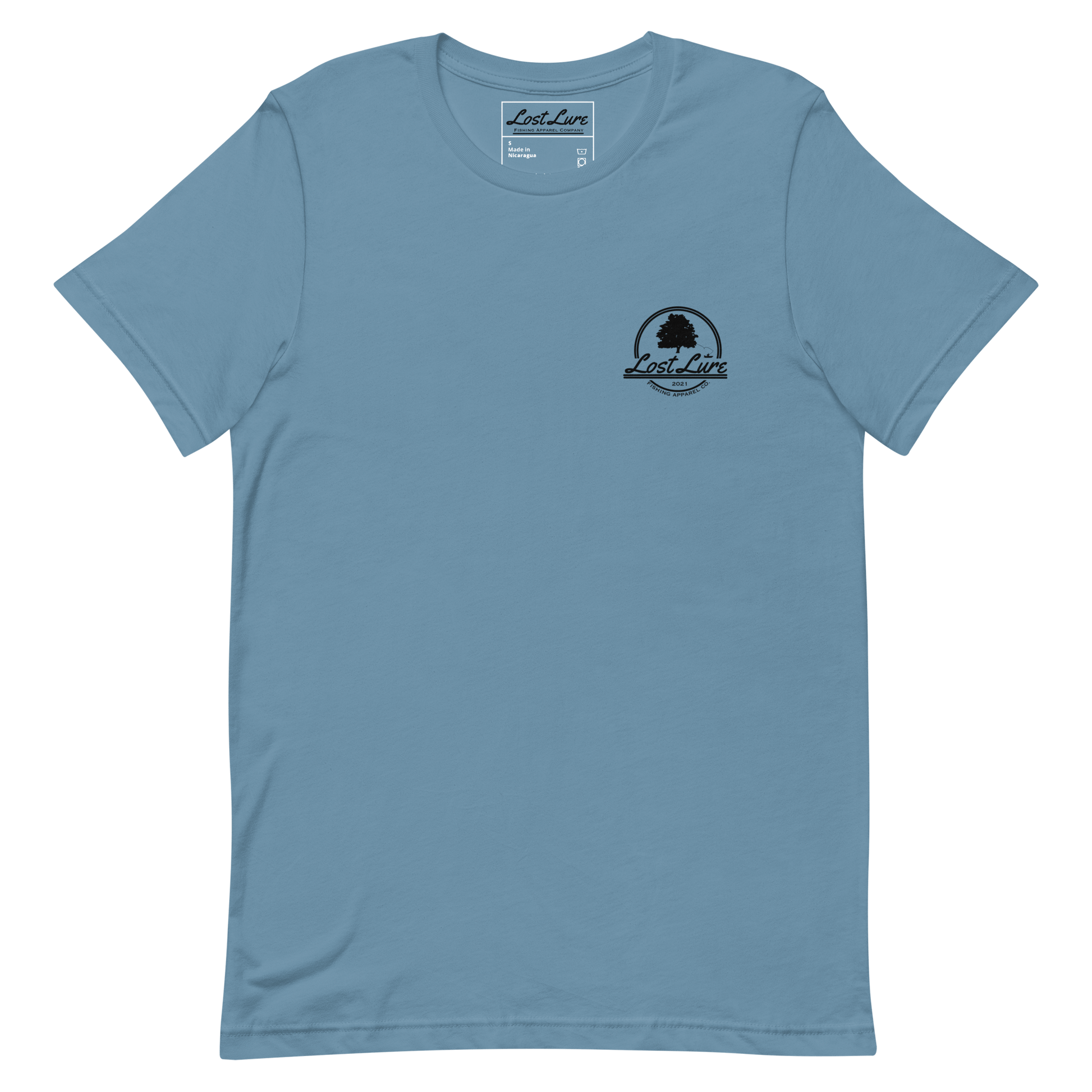 Bass fishing shirt. It has a drawing of a fat bass and it reads “lost lure co, catch fat fish”. The bass design is on the back, the lost lure logo is on the front. Steel blue shirt, front side 