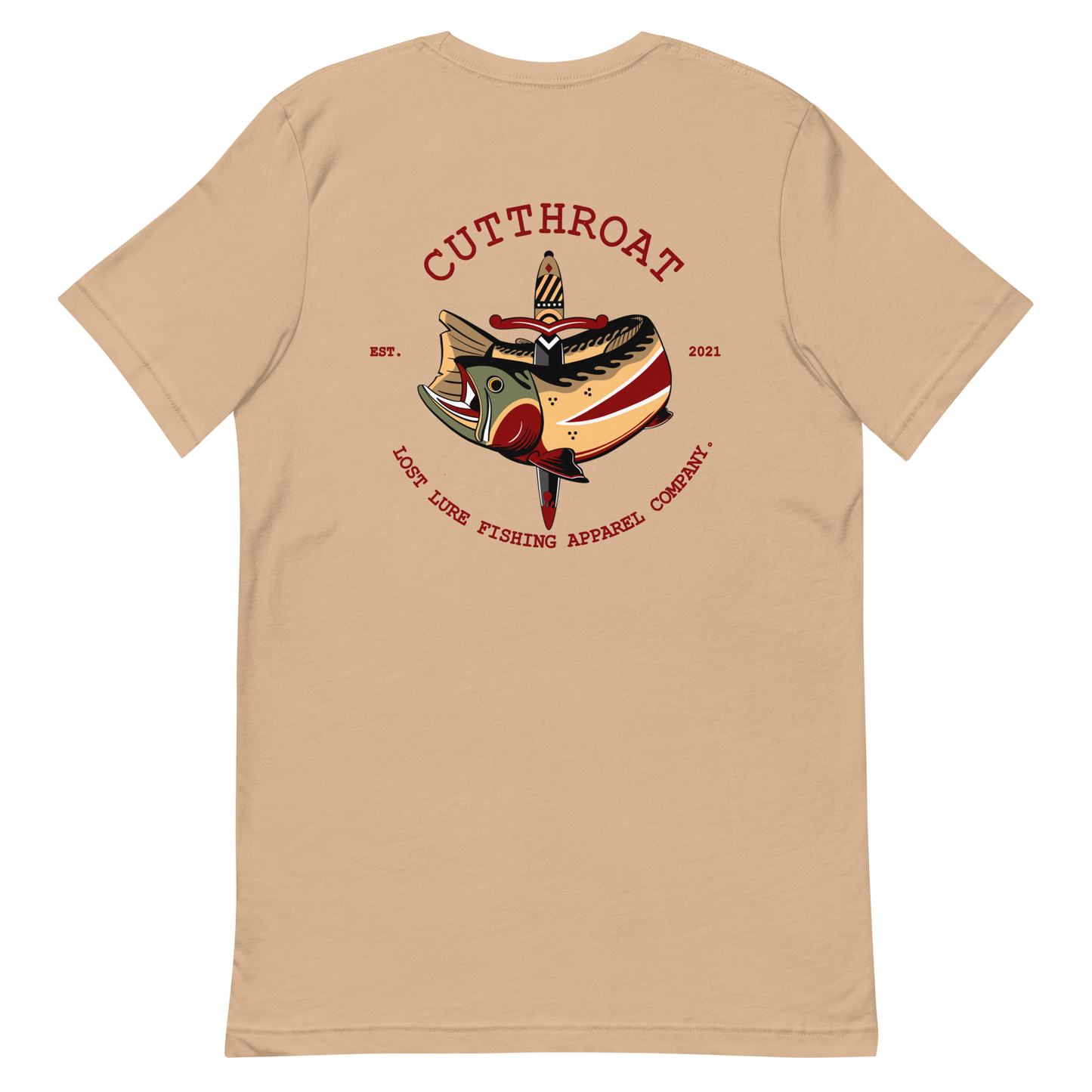 Cutthroat Trout fishing shirt. It’s an American traditional style design with a cutthroat trout and a dagger. The shirt reads Cutthroat trout, est. 2021, lost lure fishing apparel company. The front of the shirt has the lost lure logo. Light brown fishing shirt, back side 