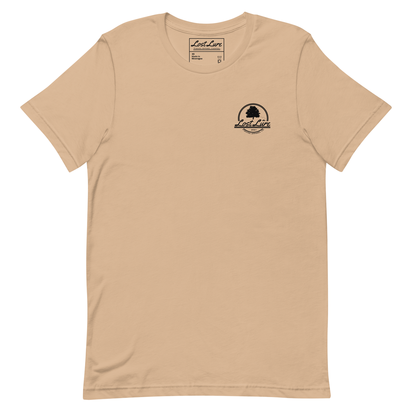 Cutthroat Trout fishing shirt. It’s an American traditional style design with a cutthroat trout and a dagger. The shirt reads Cutthroat trout, est. 2021, lost lure fishing apparel company. The front of the shirt has the lost lure logo. Light brown fishing shirt, front side 