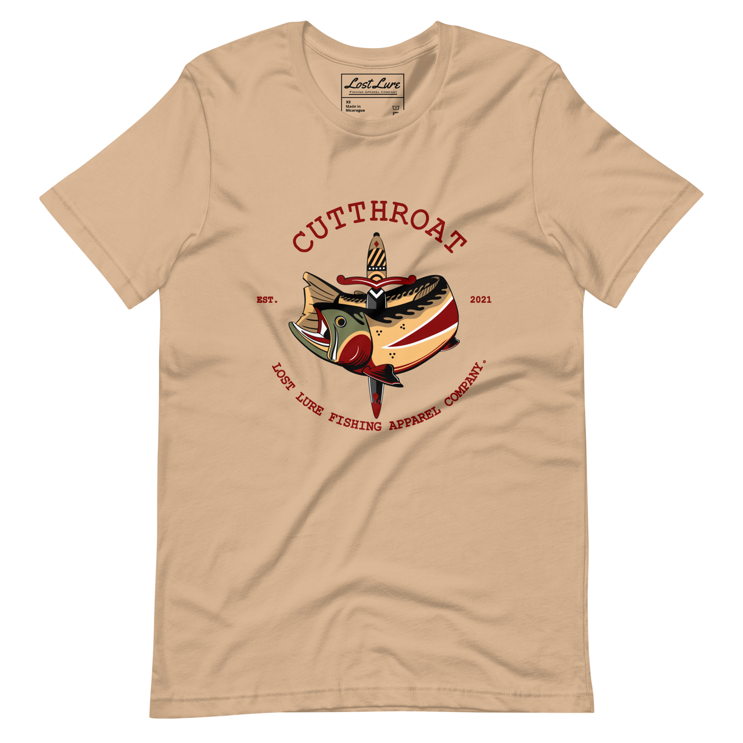 Cutthroat Trout fishing shirt. It’s an American traditional style design with a cutthroat trout and a dagger. The shirt reads Cutthroat trout, est. 2021, lost lure fishing apparel company. The fishing design is on the front of the shirt. Brown fishing shirt, front side