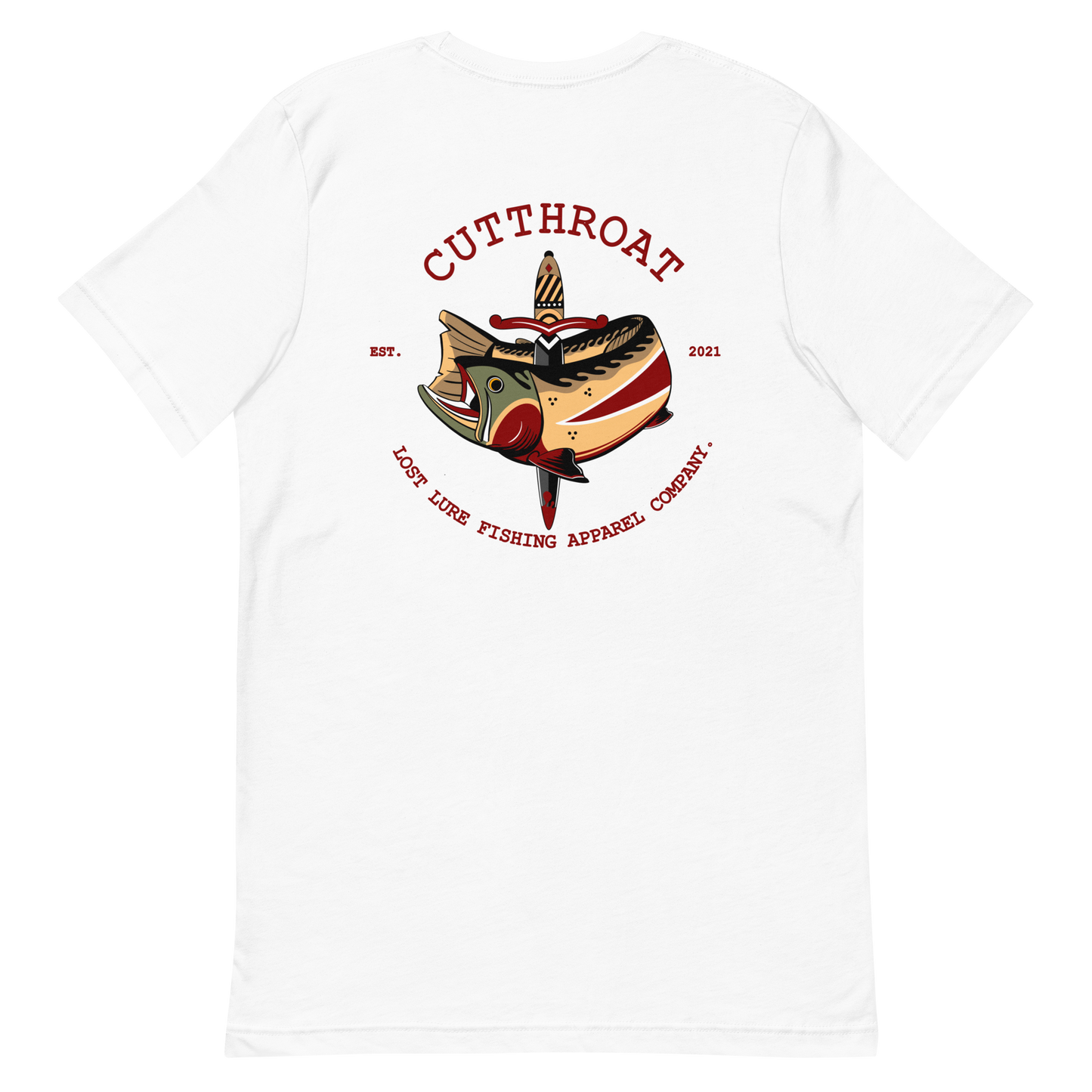 Cutthroat Trout fishing shirt. It’s an American traditional style design with a cutthroat trout and a dagger. The shirt reads Cutthroat trout, est. 2021, lost lure fishing apparel company. The front of the shirt has the lost lure logo. White fishing shirt, back side