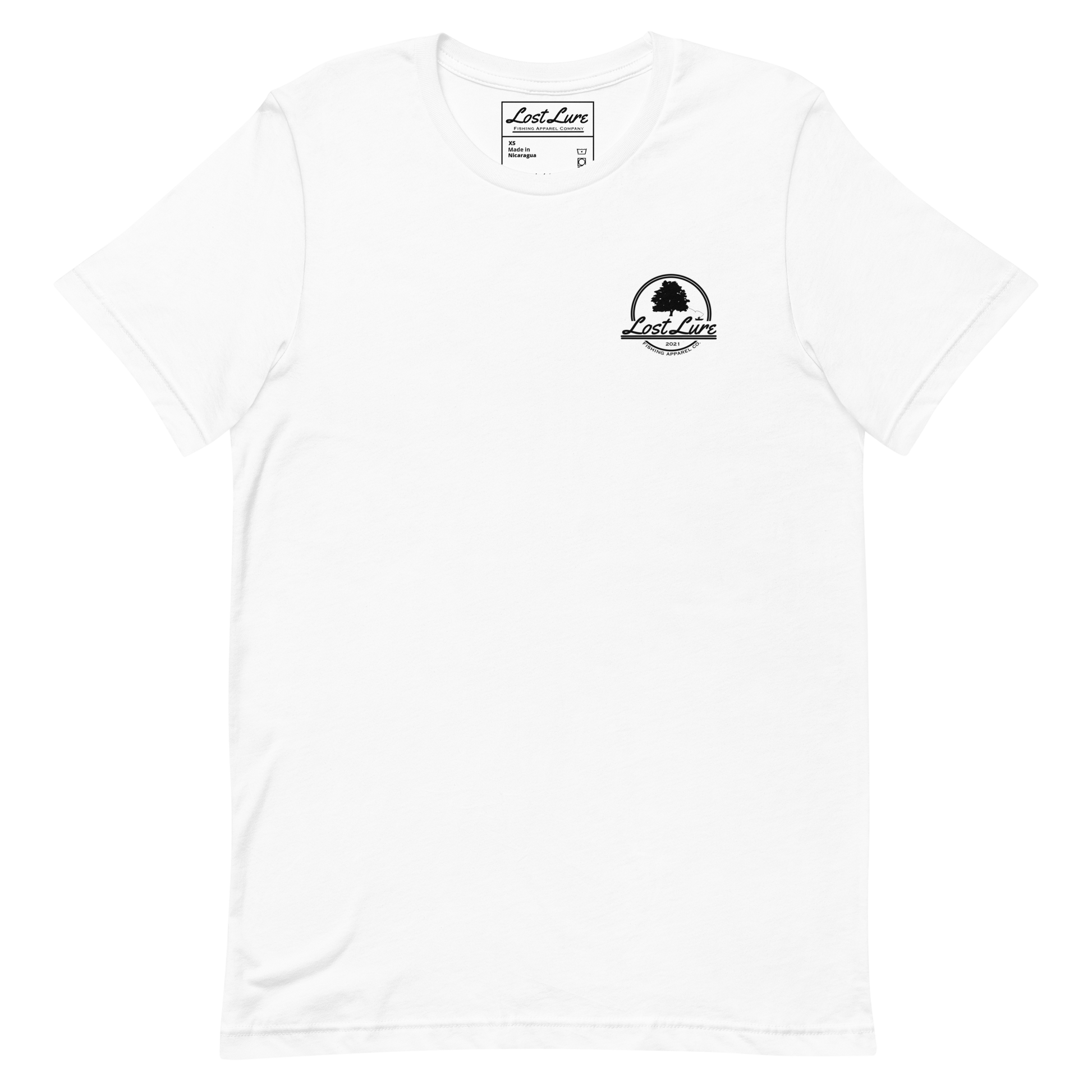 Cutthroat Trout fishing shirt. It’s an American traditional style design with a cutthroat trout and a dagger. The shirt reads Cutthroat trout, est. 2021, lost lure fishing apparel company. The front of the shirt has the lost lure logo. White fishing shirt, front side