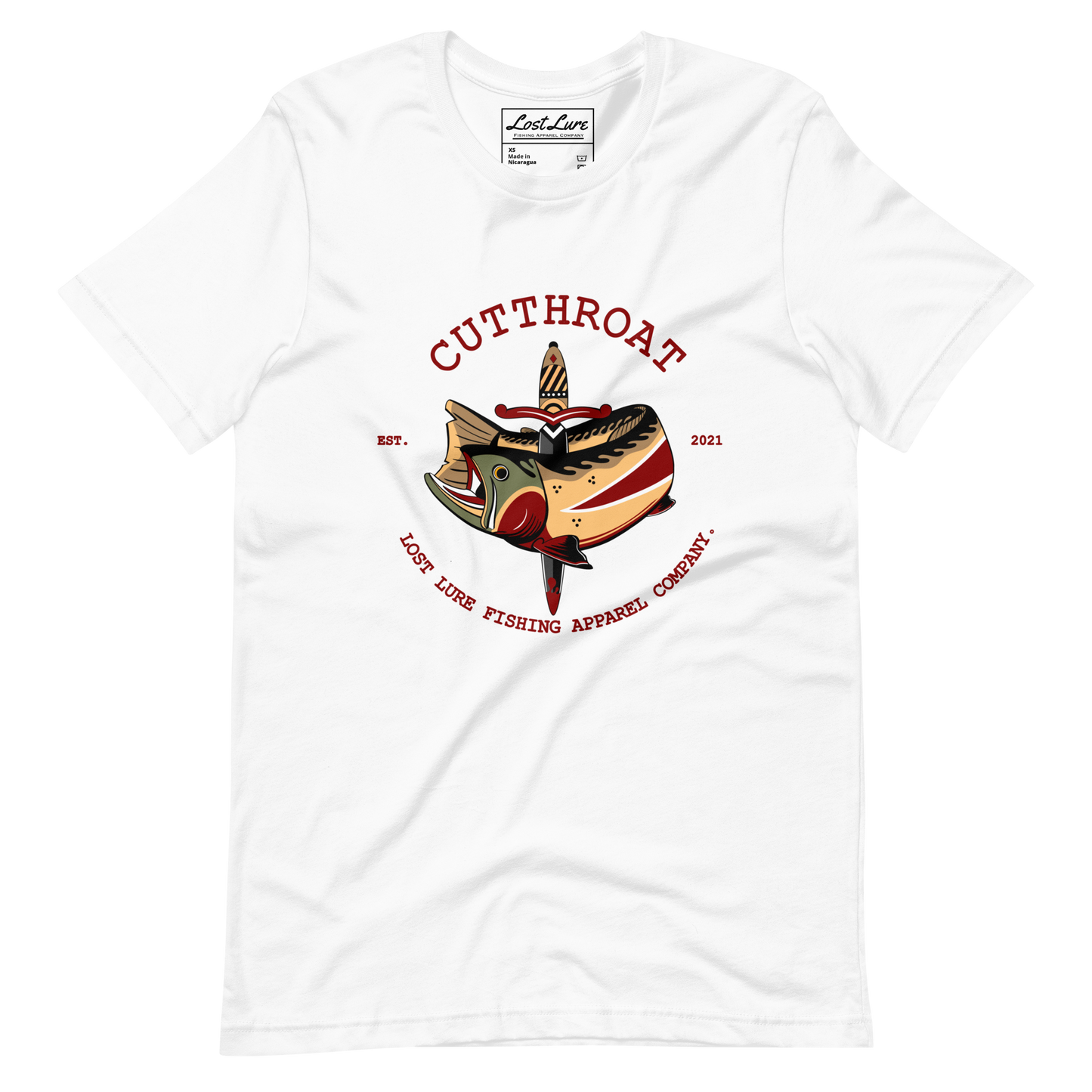 Cutthroat Trout fishing shirt. It’s an American traditional style design with a cutthroat trout and a dagger. The shirt reads Cutthroat trout, est. 2021, lost lure fishing apparel company. The fishing design is on the front of the shirt. White shirt