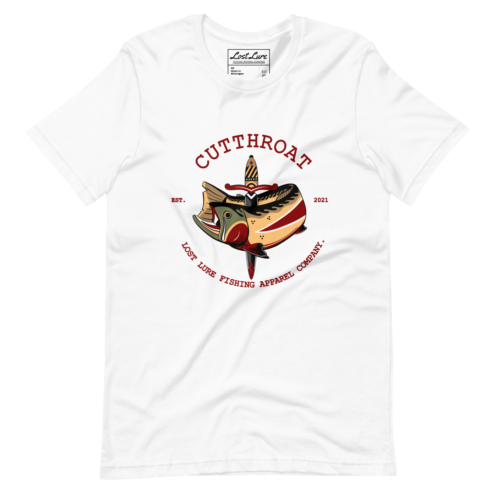 Cutthroat Trout fishing shirt. It’s an American traditional style design with a cutthroat trout and a dagger. The shirt reads Cutthroat trout, est. 2021, lost lure fishing apparel company. The fishing design is on the front of the shirt. White shirt