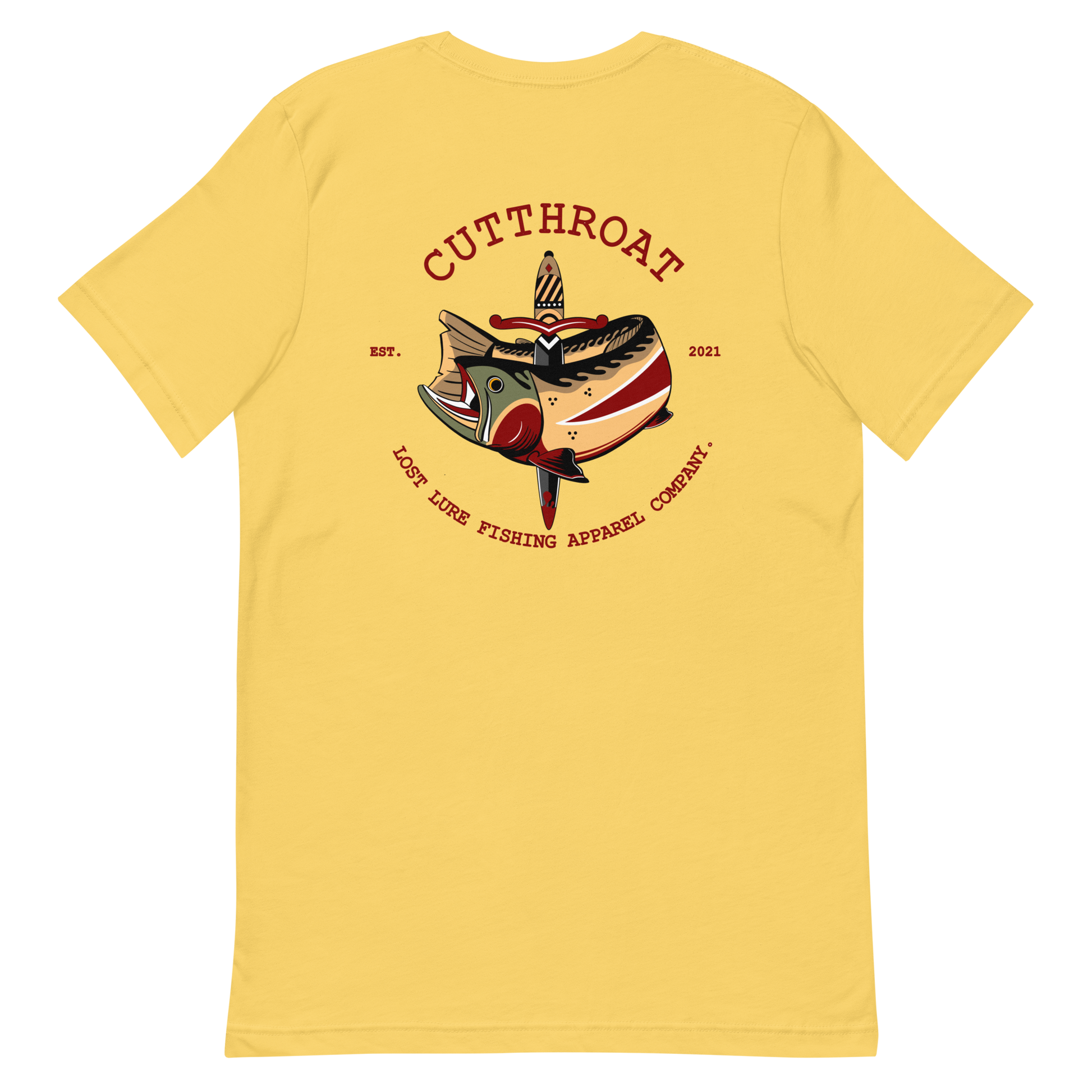 Cutthroat Trout fishing shirt. It’s an American traditional style design with a cutthroat trout and a dagger. The shirt reads Cutthroat trout, est. 2021, lost lure fishing apparel company. The front of the shirt has the lost lure logo. Yellow fishing shirt, Back side
