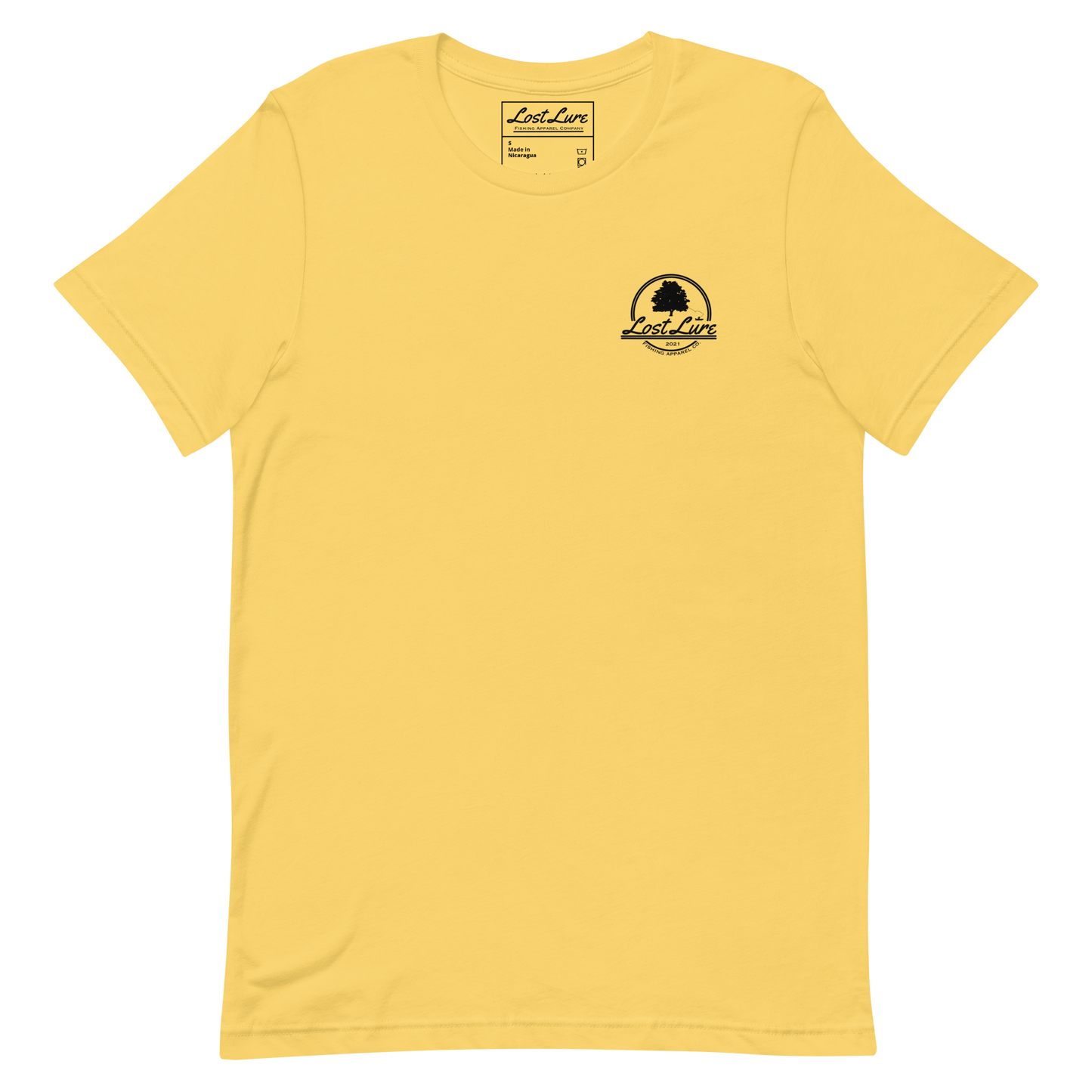 Cutthroat Trout fishing shirt. It’s an American traditional style design with a cutthroat trout and a dagger. The shirt reads Cutthroat trout, est. 2021, lost lure fishing apparel company. The front of the shirt has the lost lure logo. Yellow fishing shirt, front side