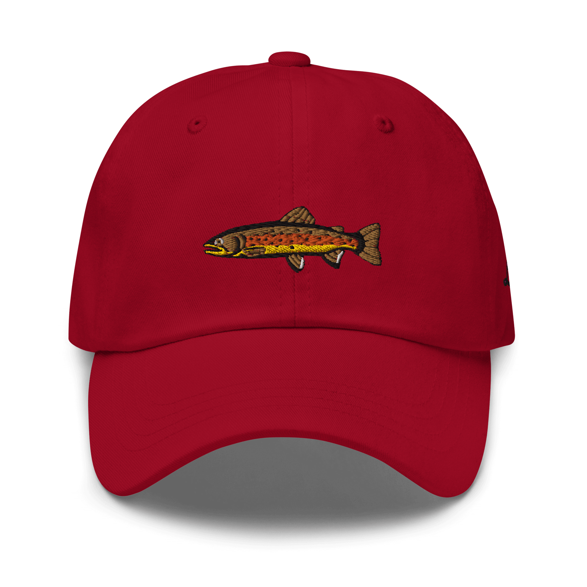 Brown Trout fishing hat. It’s a simple embroidered hat/ dad hat with a brown trout and the lost lure logo on the side. Red, front side