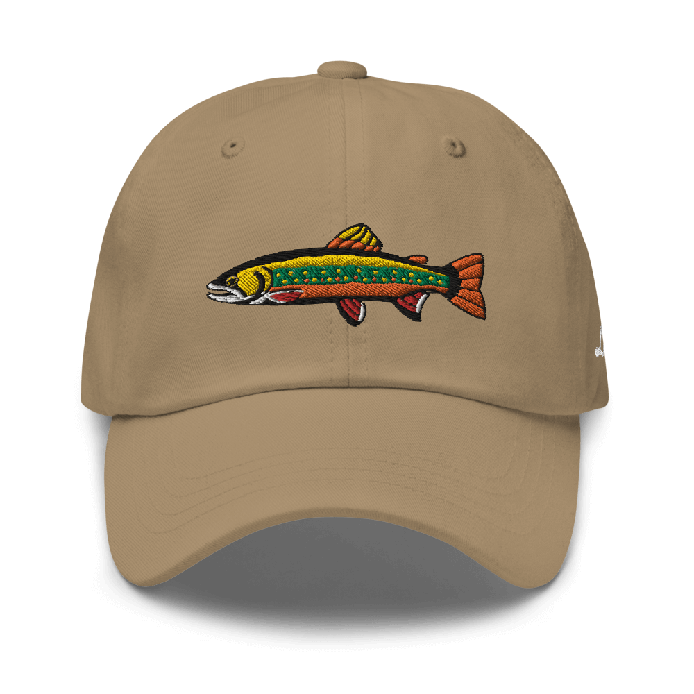 Brook Trout fishing hat. It’s a simple embroidered hat/ dad hat with a brook trout and the lost lure logo on the side. Light brown, font side