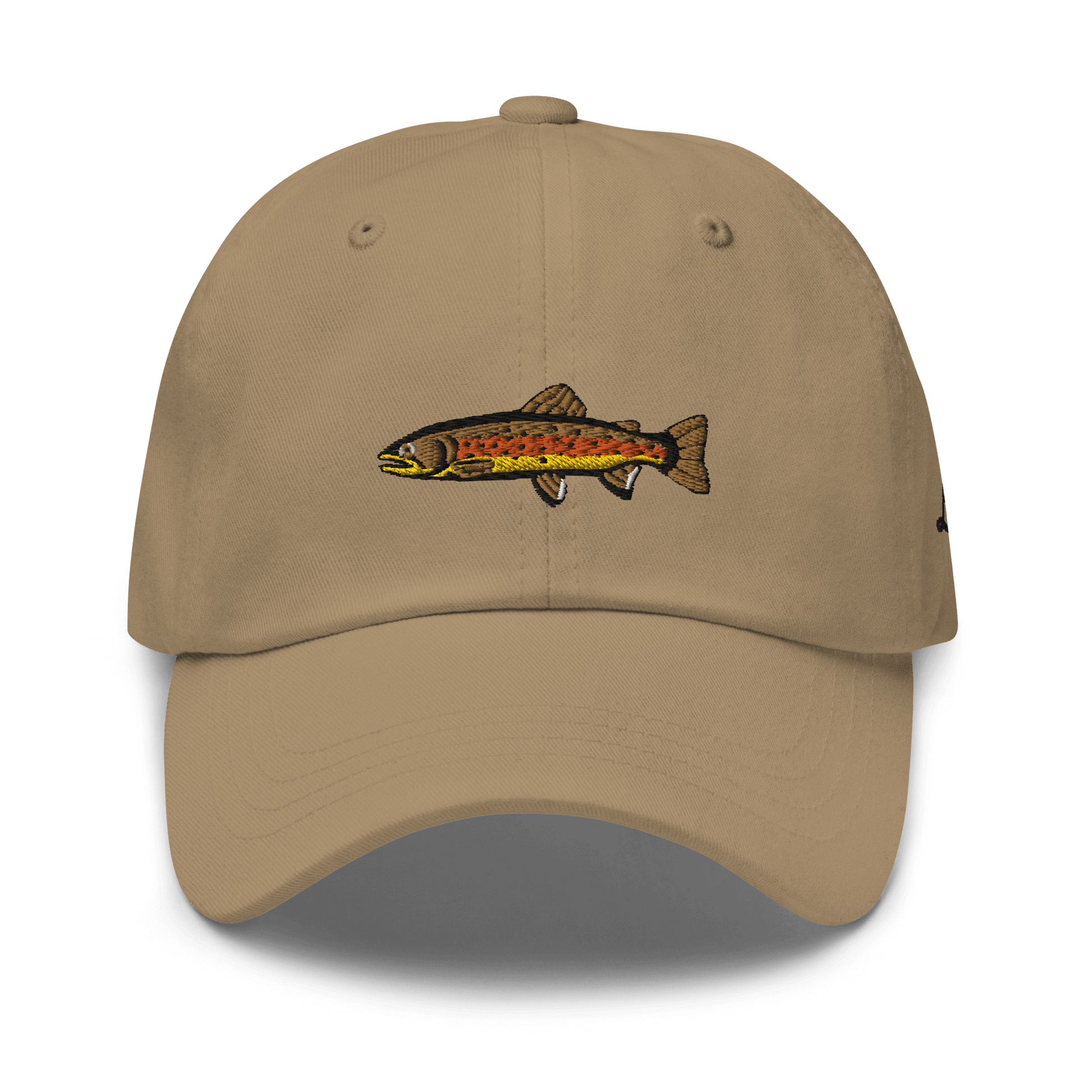 Brown Trout fishing hat. It’s a simple embroidered hat/ dad hat with a brown trout and the lost lure logo on the side. Light brown hat, front side