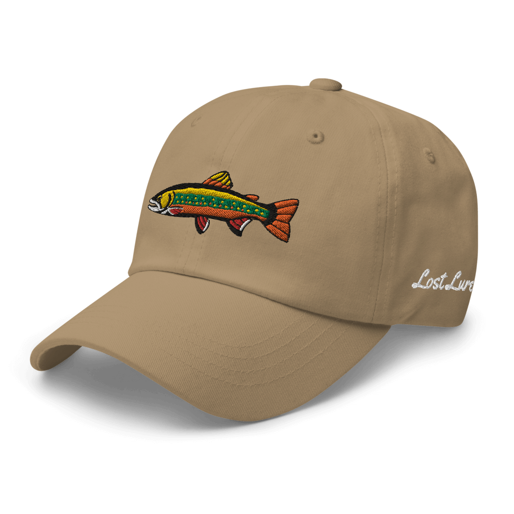 Brook Trout fishing hat. It’s a simple embroidered hat/ dad hat with a brook trout and the lost lure logo on the side. Light brown, front left side