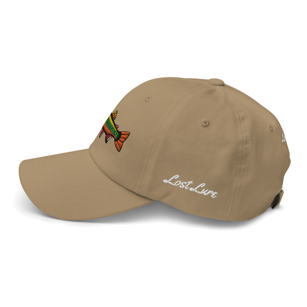 Brook Trout fishing hat. It’s a simple embroidered hat/ dad hat with a brook trout and the lost lure logo on the side. Light brown, left side