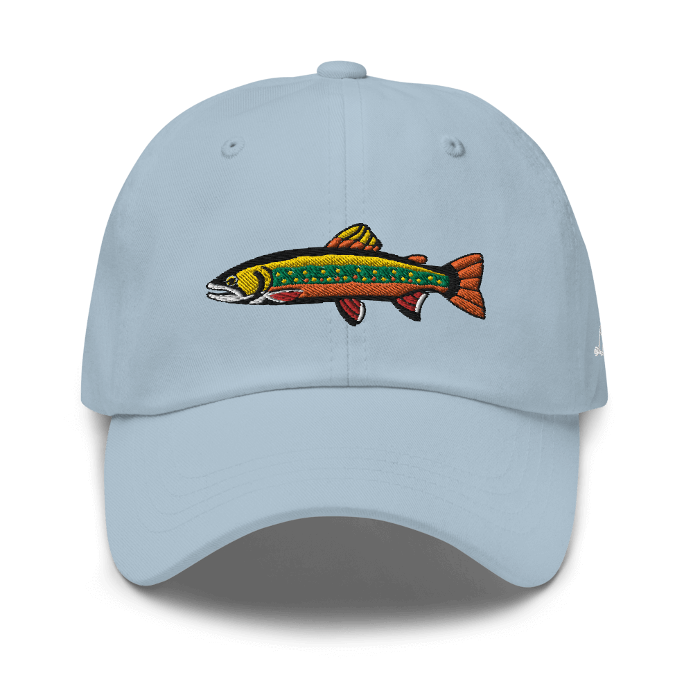 Brook Trout fishing hat. It’s a simple embroidered hat/ dad hat with a brook trout and the lost lure logo on the side. Light blue, front side