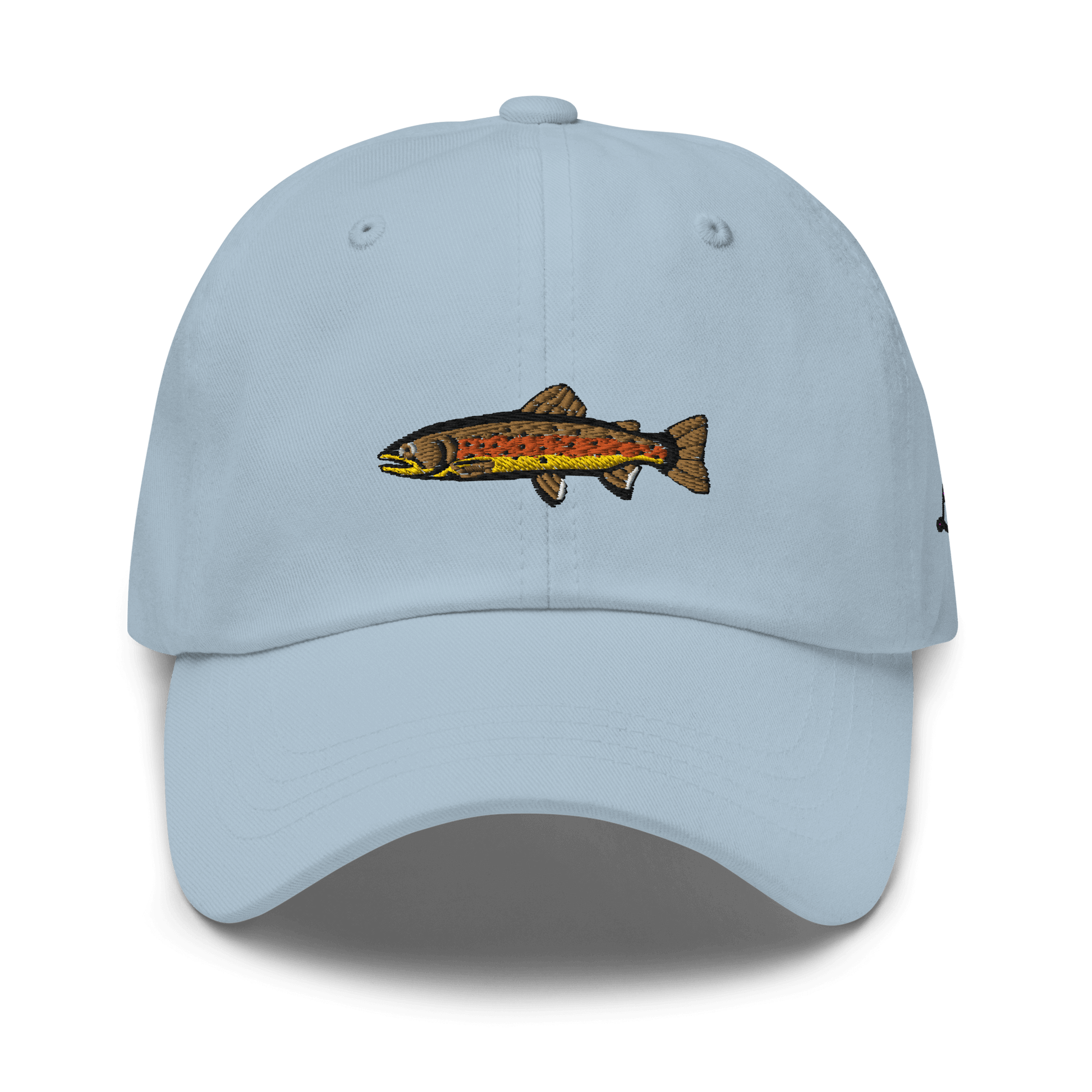 Brown Trout fishing hat. It’s a simple embroidered hat/ dad hat with a brown trout and the lost lure logo on the side. Light blue, front side