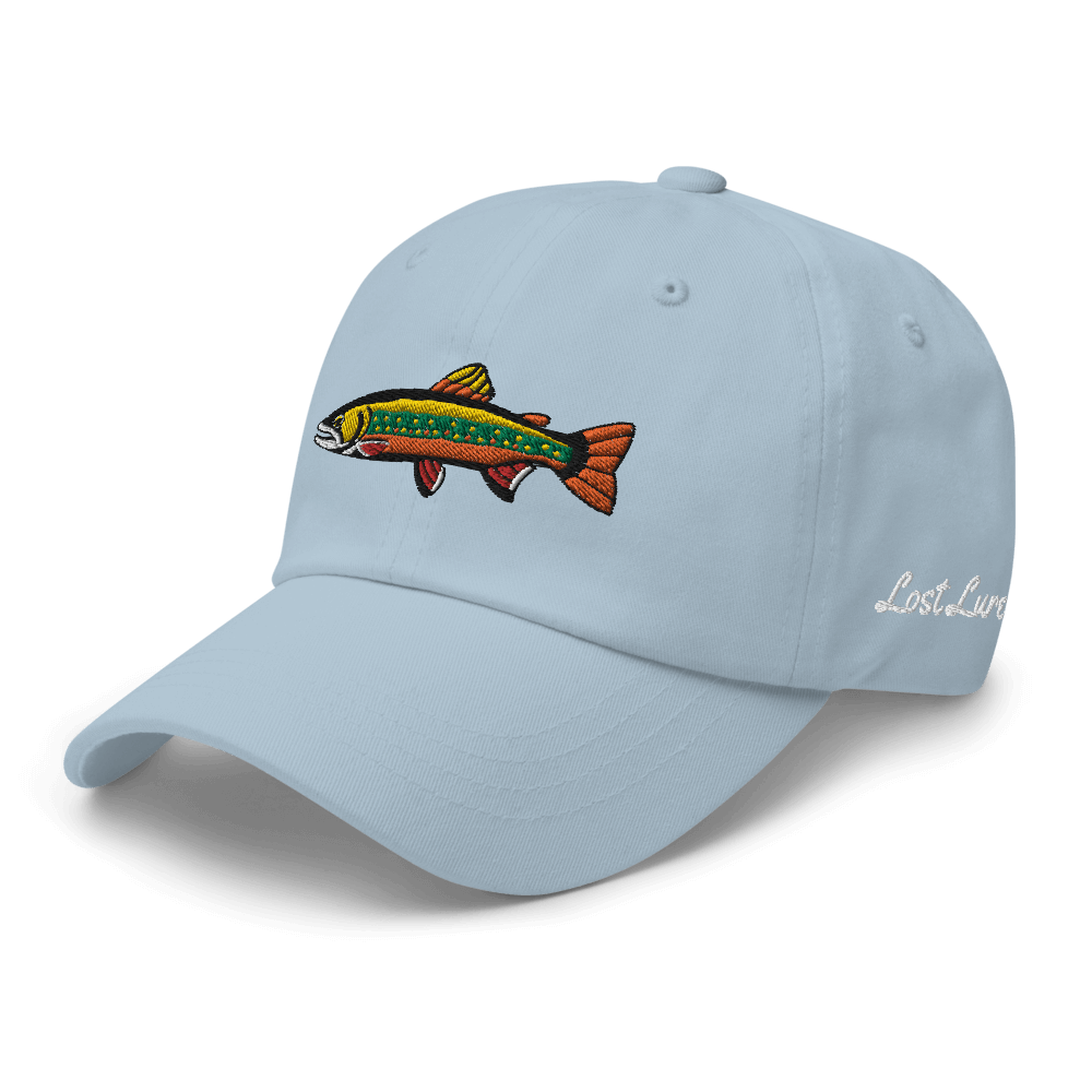 Brook Trout fishing hat. It’s a simple embroidered hat/ dad hat with a brook trout and the lost lure logo on the side. Light blue, front left side