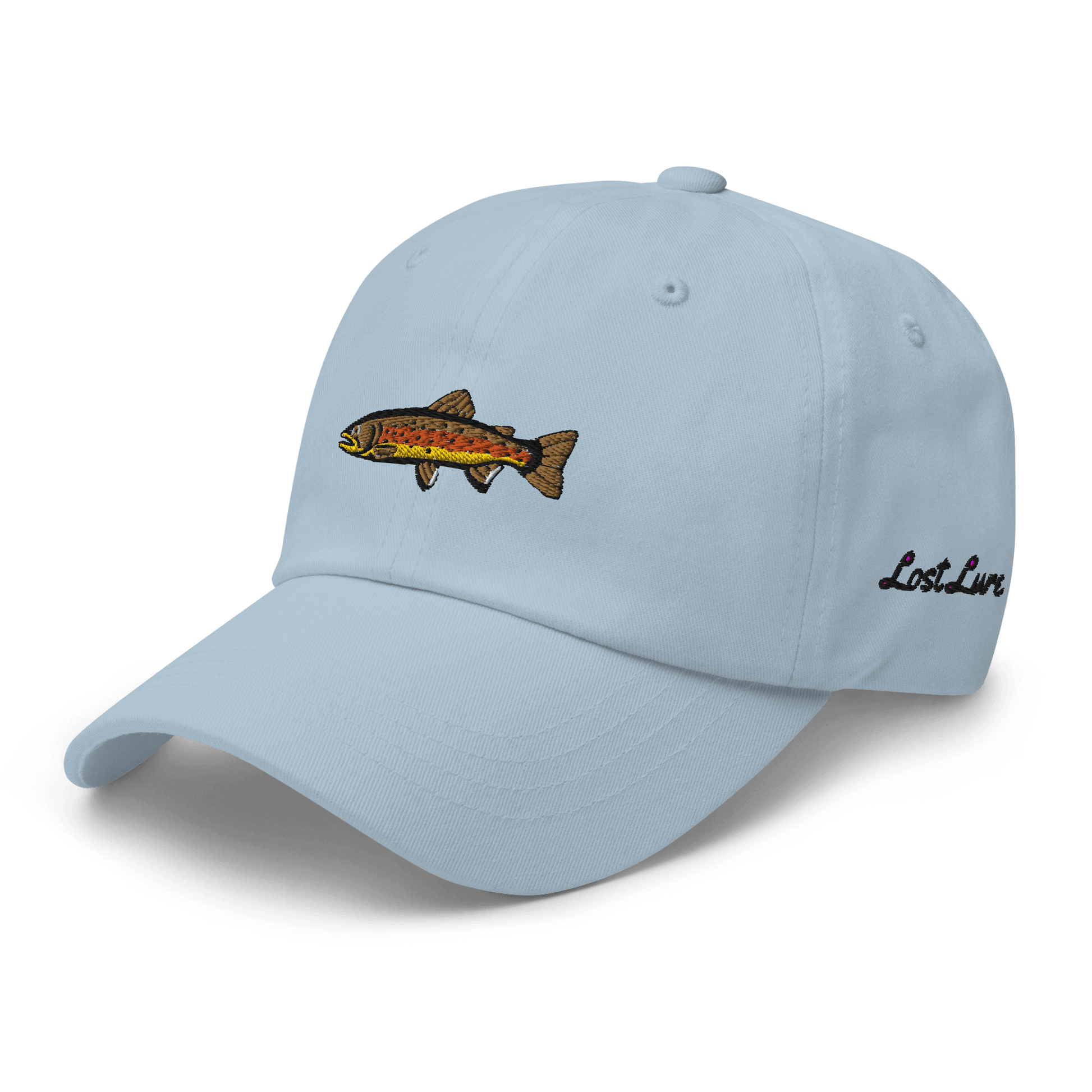 Brown Trout fishing hat. It’s a simple embroidered hat/ dad hat with a brown trout and the lost lure logo on the side. Light blue, front left side