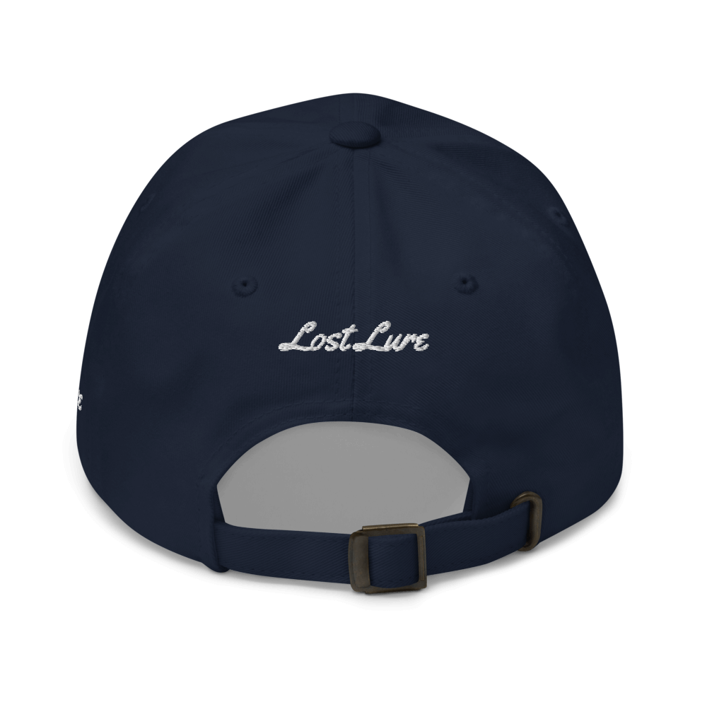 Brook Trout fishing hat. It’s a simple embroidered hat/ dad hat with a brook trout and the lost lure logo on the side. dark blue, back side