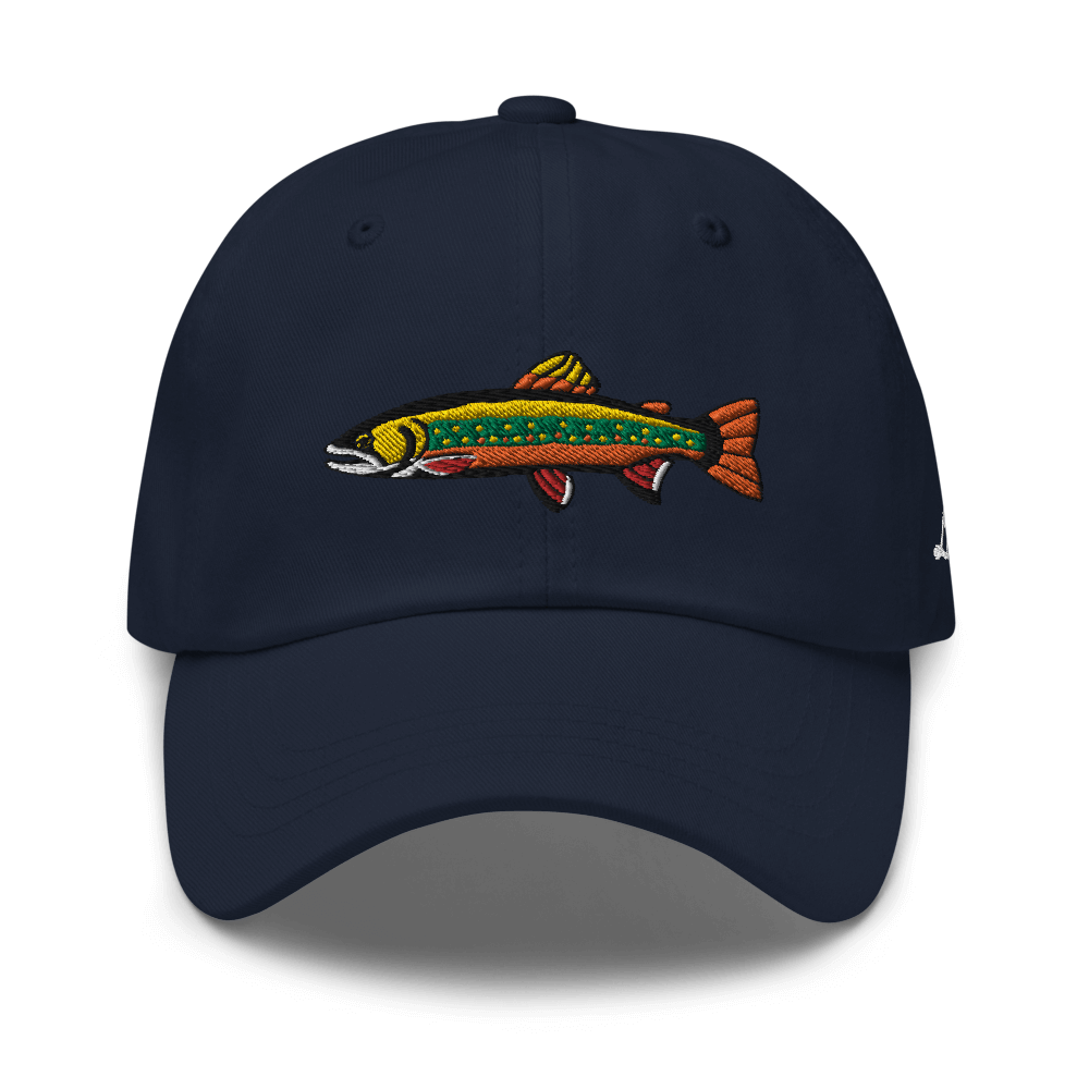 Brook Trout fishing hat. It’s a simple embroidered hat/ dad hat with a brook trout and the lost lure logo on the side. dark blue, front side