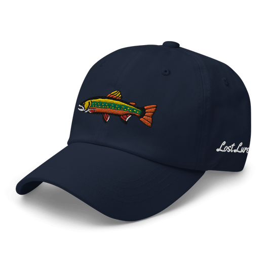 Brook Trout fishing hat. It’s a simple embroidered hat/ dad hat with a brook trout and the lost lure logo on the side. dark blue, front left side