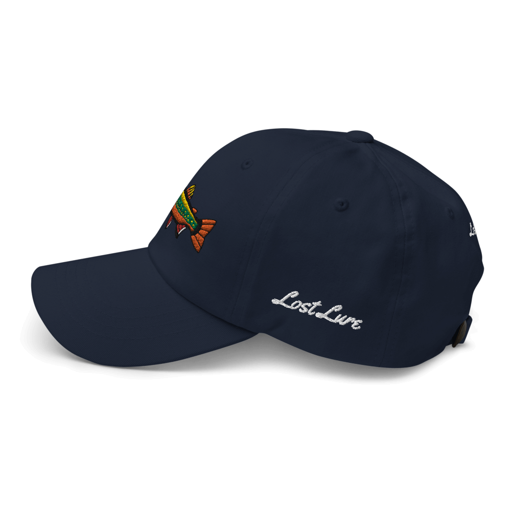 Brook Trout fishing hat. It’s a simple embroidered hat/ dad hat with a brook trout and the lost lure logo on the side. dark blue, left side