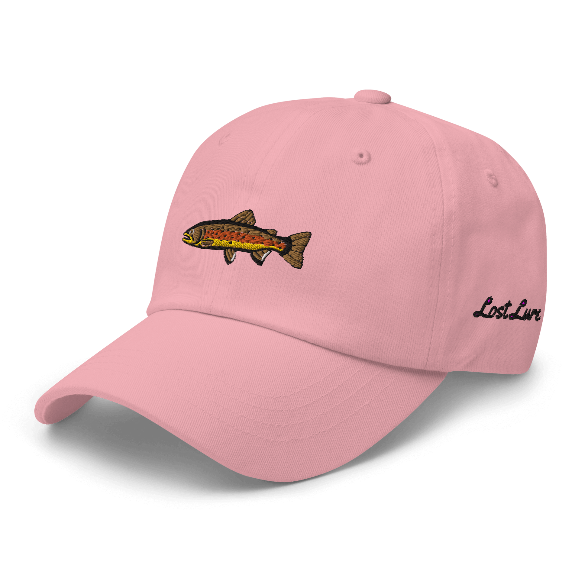 Brown Trout fishing hat. It’s a simple embroidered hat/ dad hat with a brown trout and the lost lure logo on the side. Pink woman’s hat, front left side